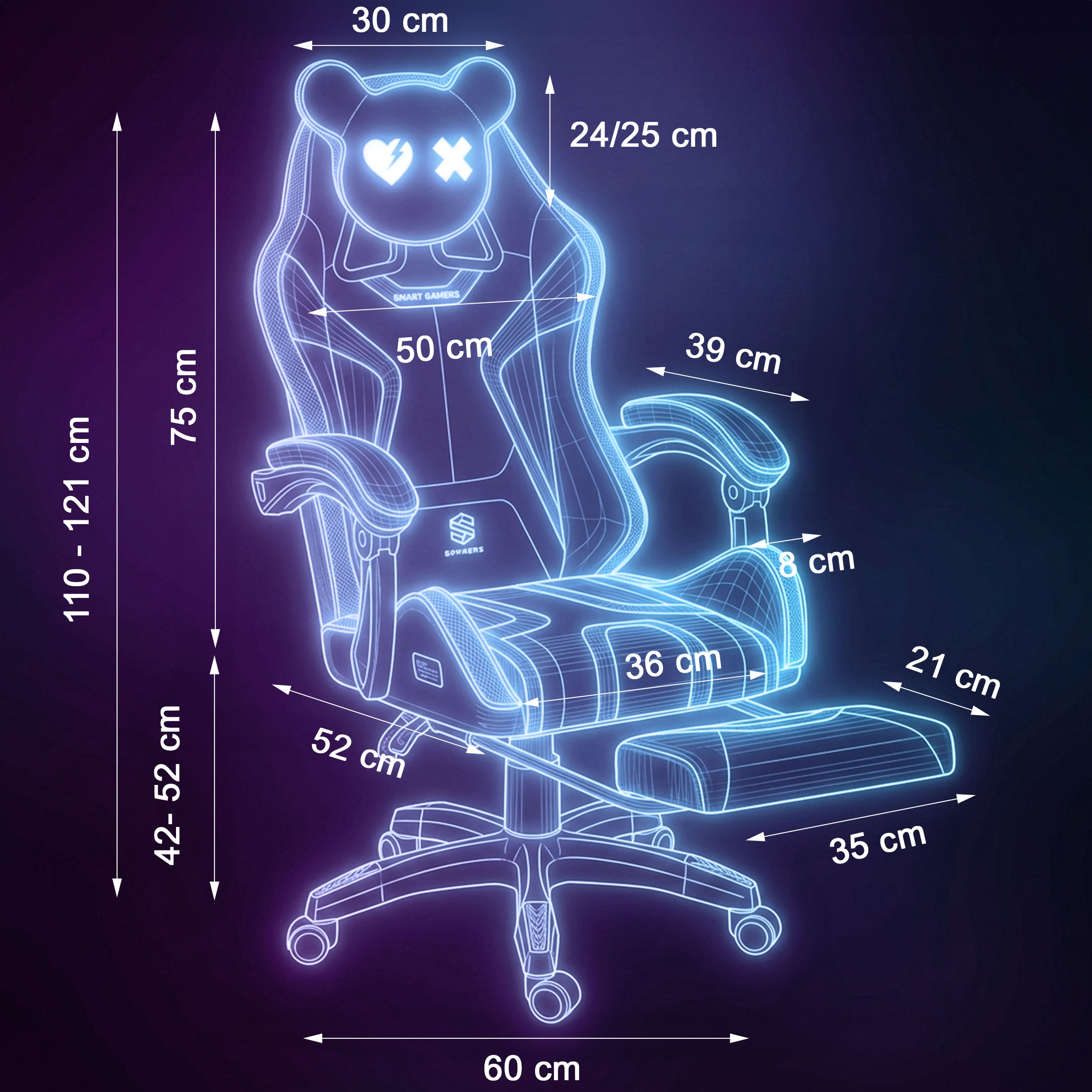 Krzesło gamingowe z wymiarami: szerokość 60cm, wysokość 110-121cm, głębokość 50cm.