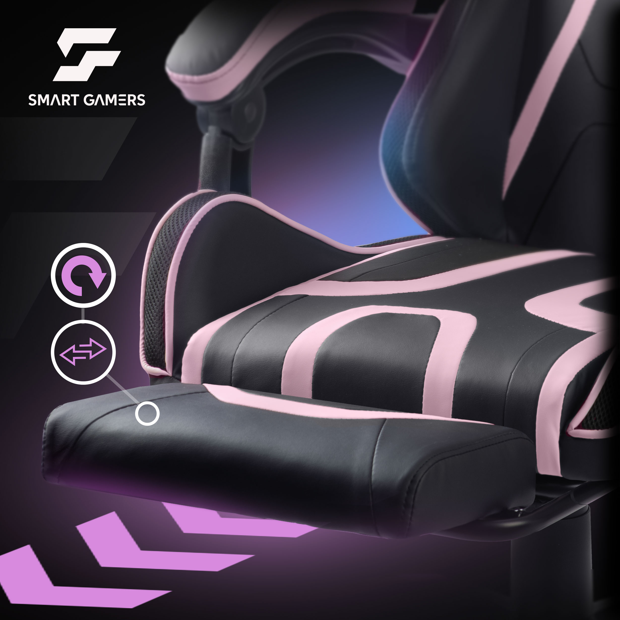 Czarny fotel gamingowy z różowymi akcentami i ikonami regulacji.