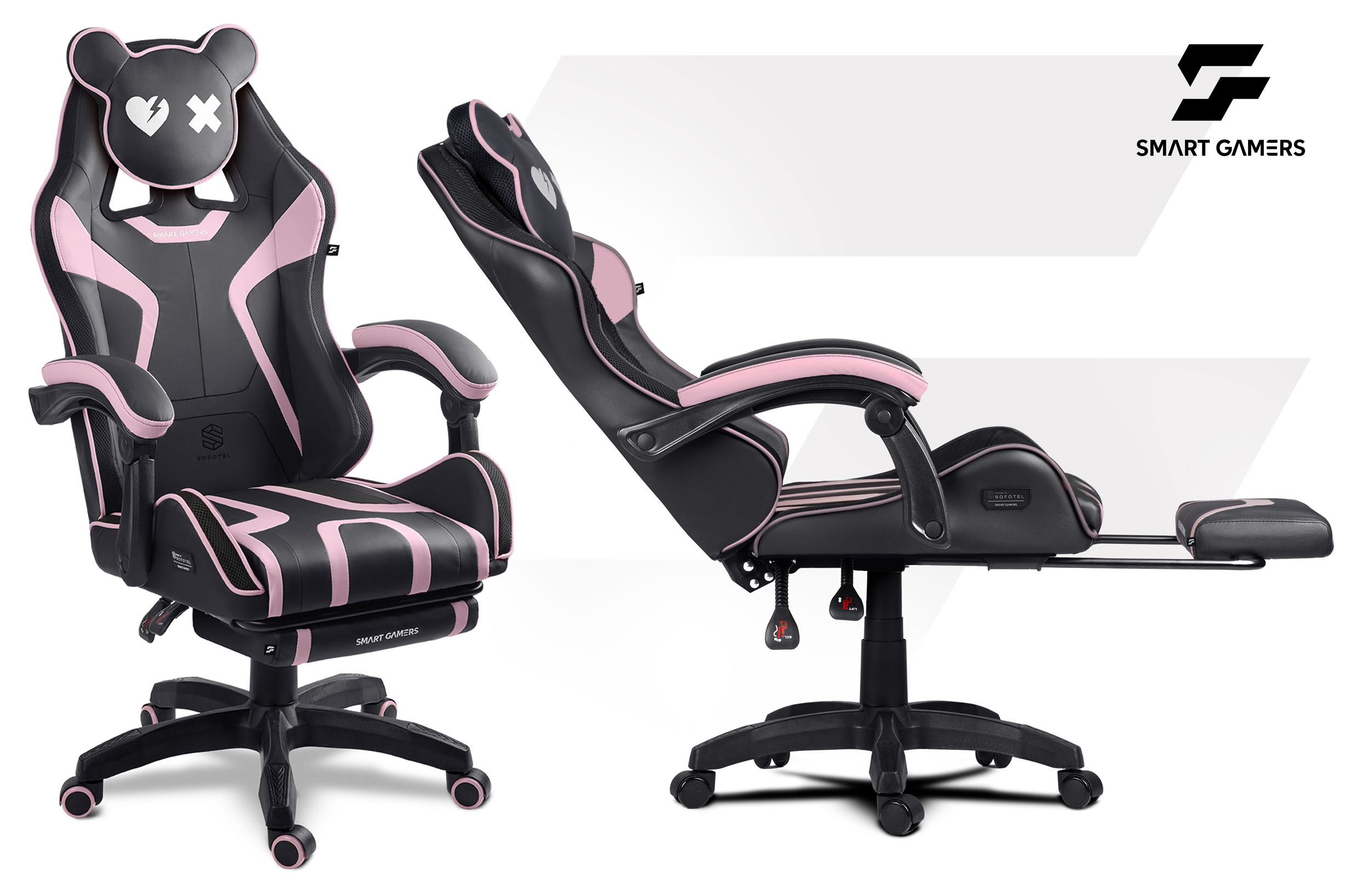 Czarny fotel gamingowy z różowymi akcentami i podnóżkiem, zagłówek misia.