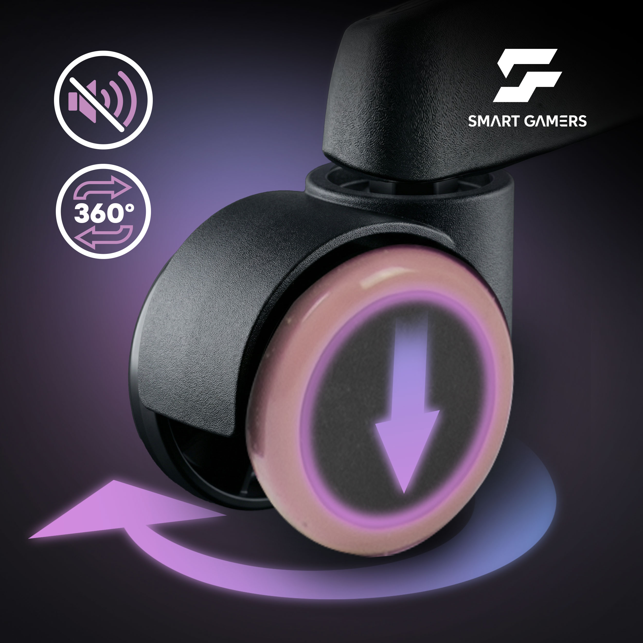 Kółko fotela gamingowego z obrotem 360 stopni i symbolem wyciszenia.