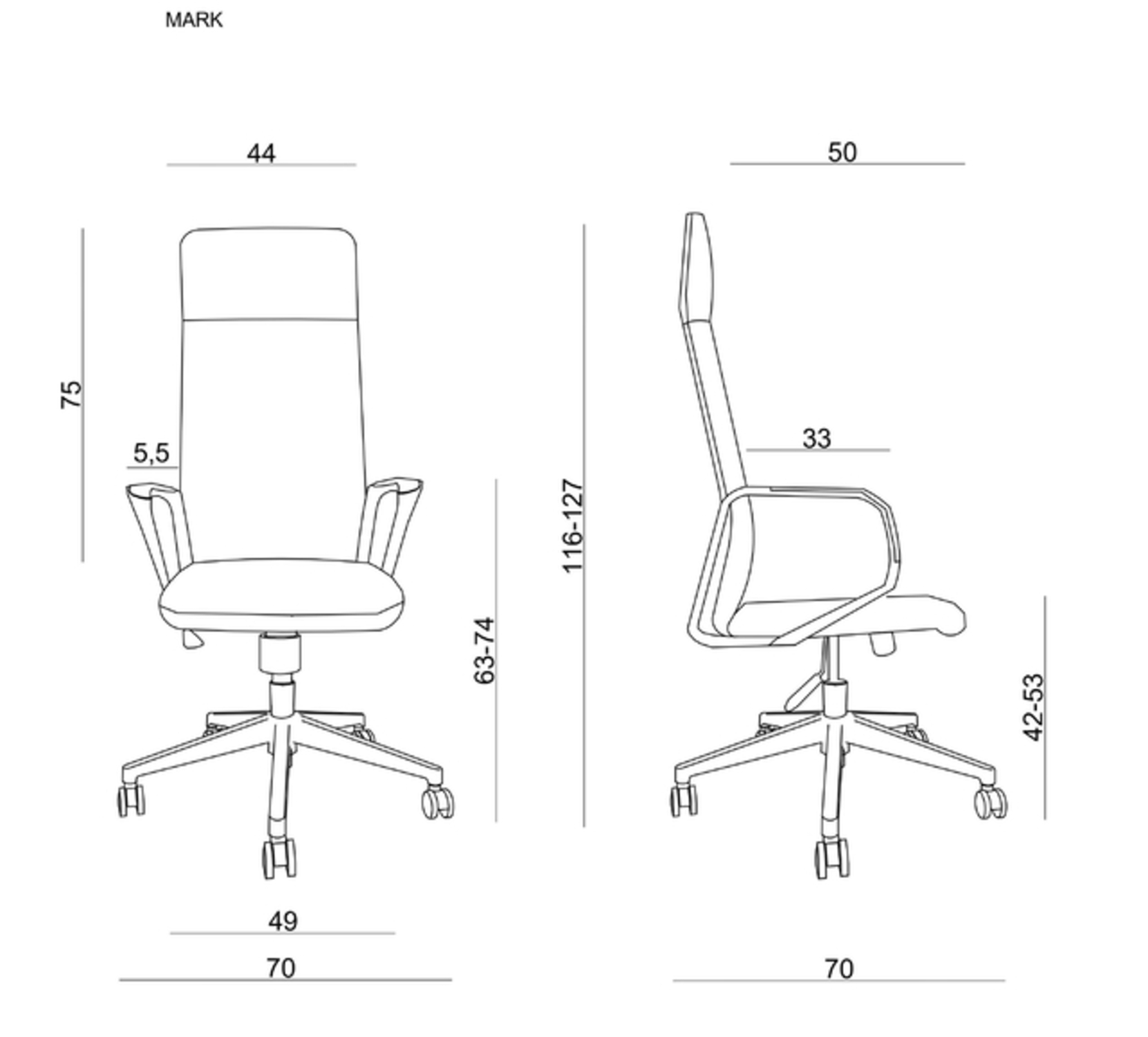 Rysunek techniczny krzesła biurowego z wymiarami.