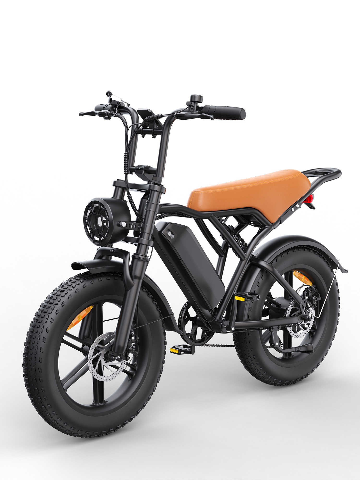Ein schwarzes E-Bike mit breiten Reifen, braunem Sattel und runder Lampe.