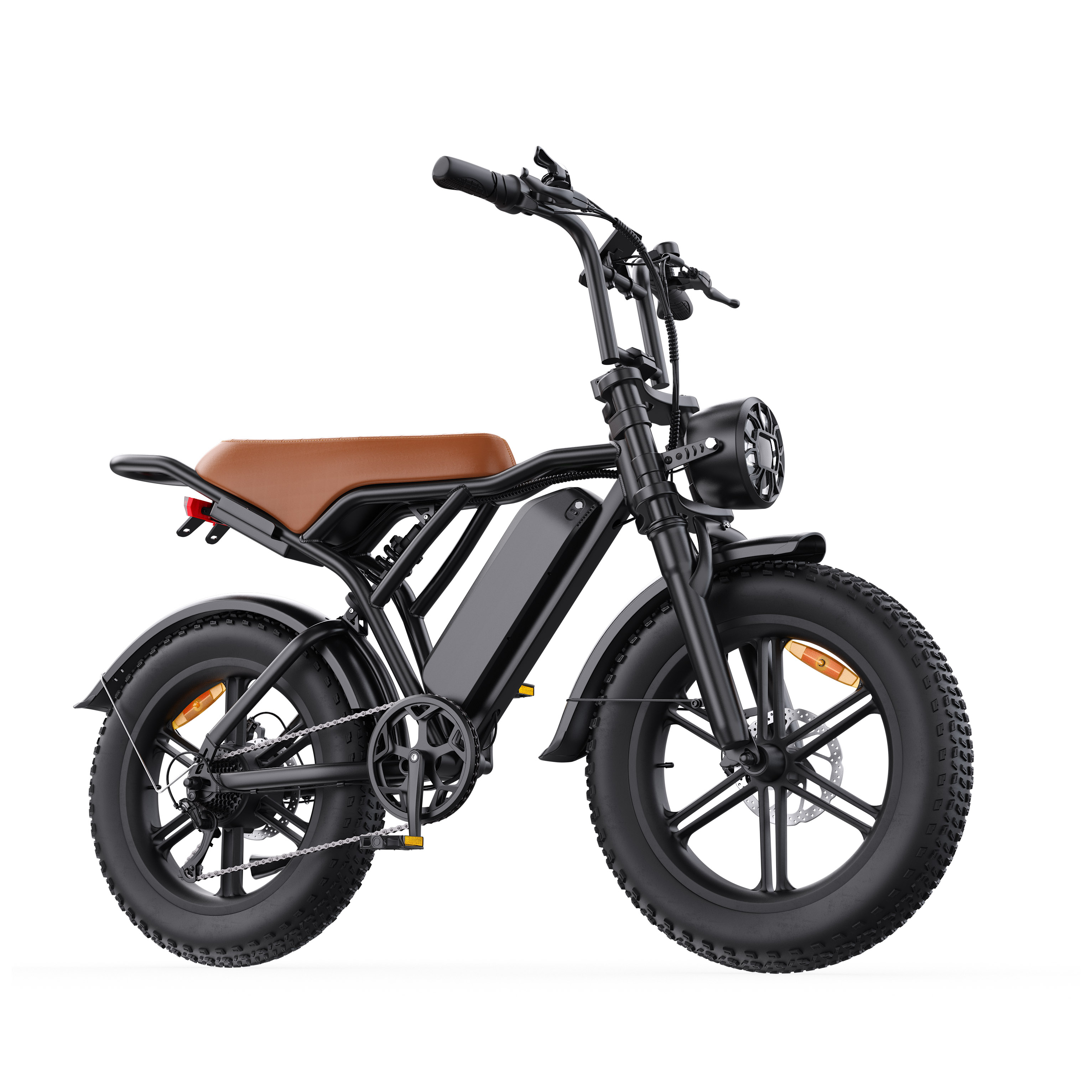 Schwarzes E-Bike mit braunem Sitz und dicken Reifen.