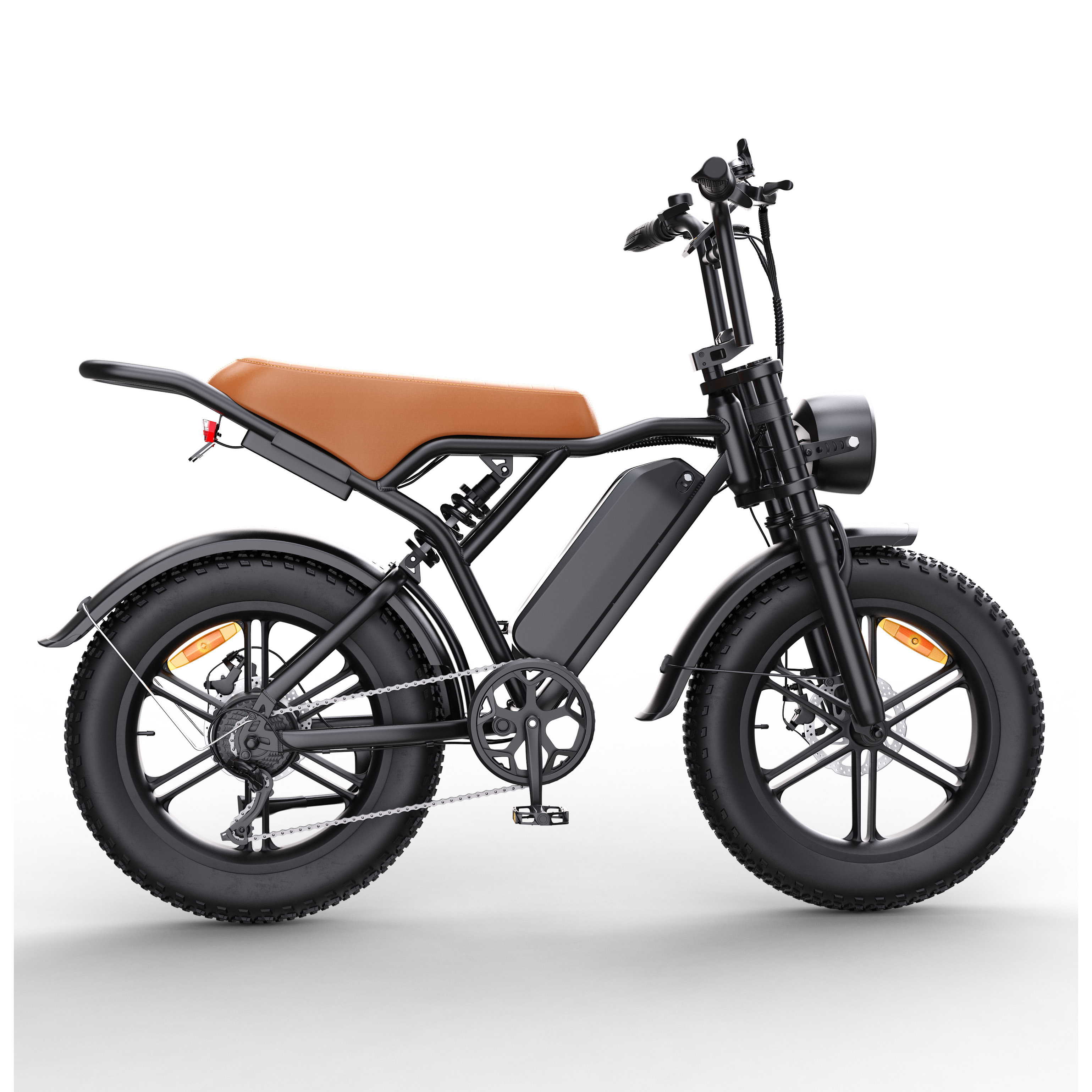Schwarzes E-Fatbike mit braunem Sitz, schwarzem Rahmen und Frontscheinwerfer.