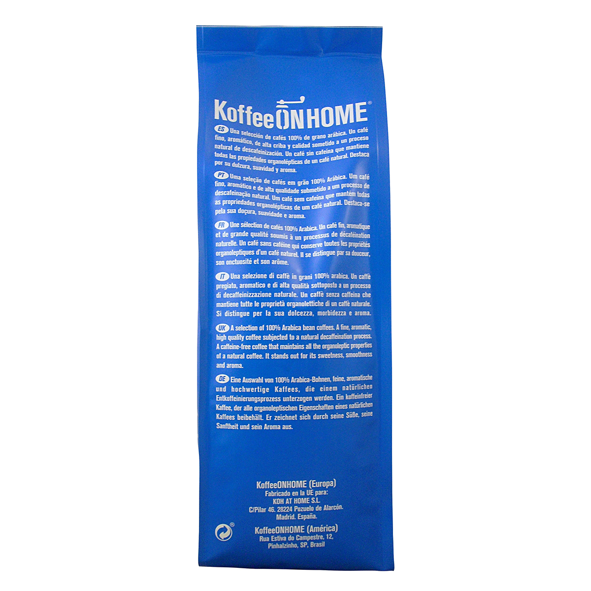 Paquete azul con logo Koffee ON HOME. Texto en varios idiomas sobre café.