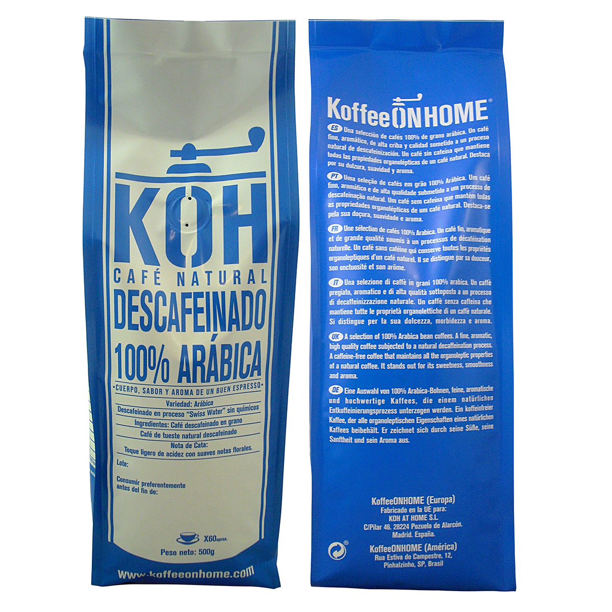 Bolsa de café azul con texto "KOH CAFÉ NATURAL DESCAFEINADO 100% ARABICA".