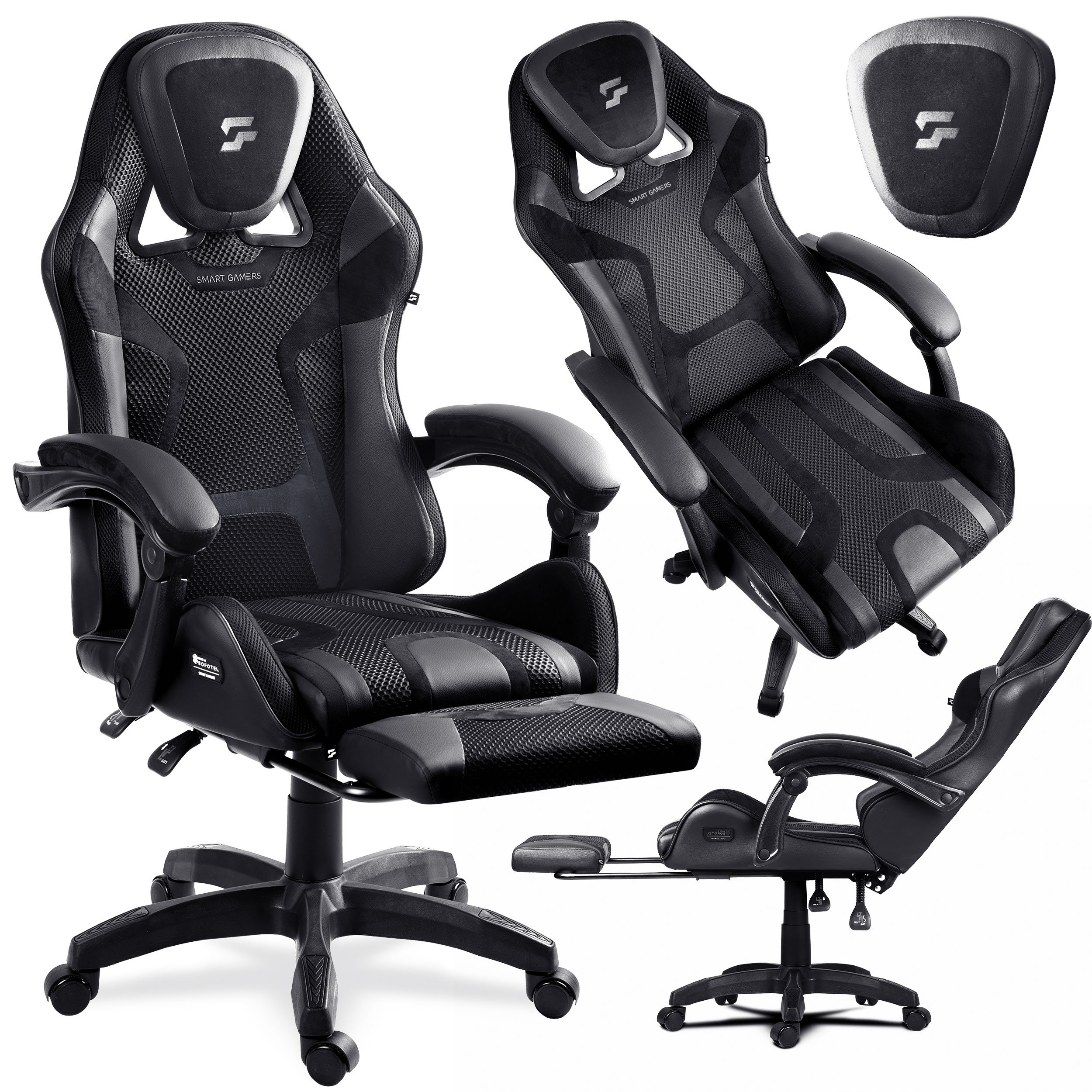 Czarny fotel gamingowy z regulowanym podnóżkiem i zagłówkiem.