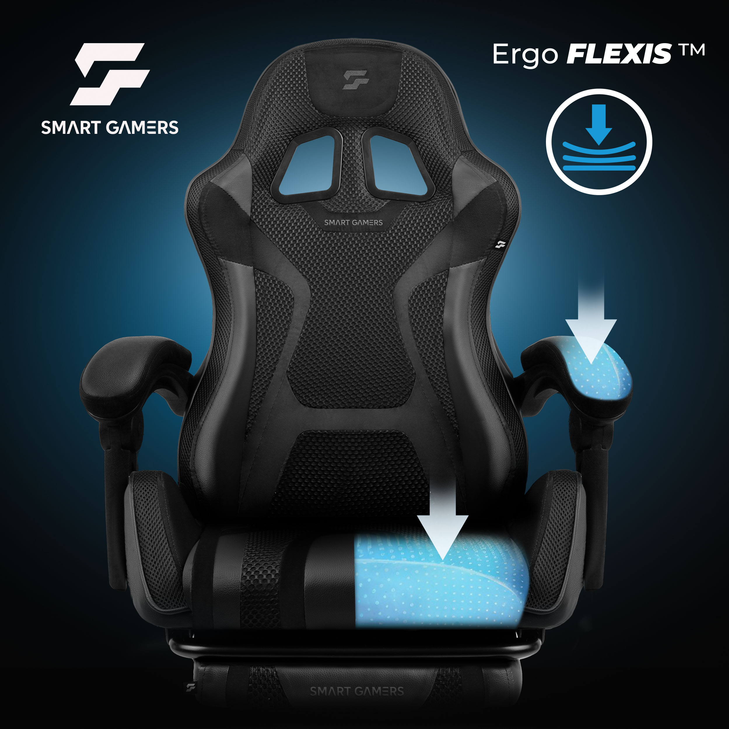 Czarny fotel gamingowy z logo Ergo Flexis i strzałkami amortyzacji.