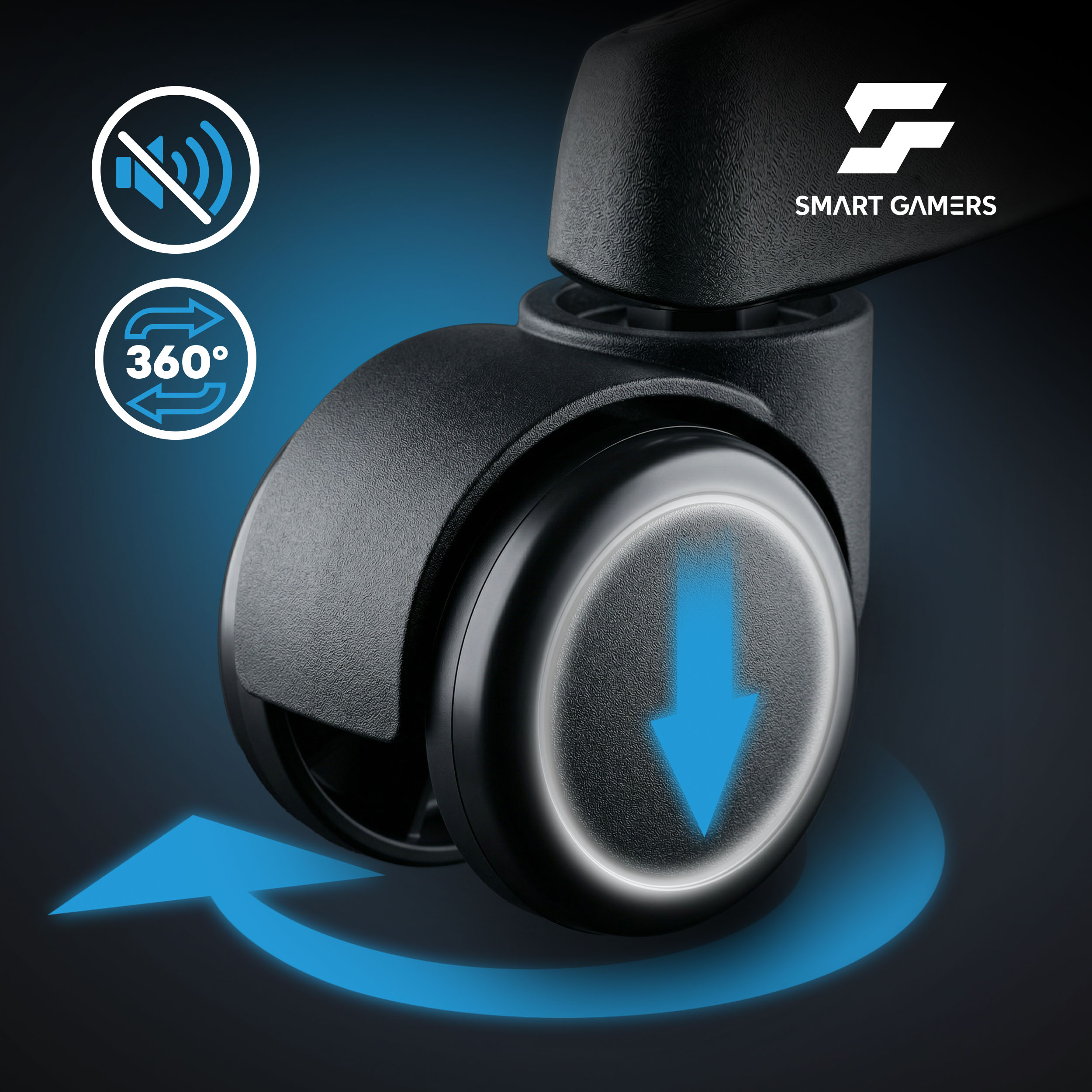Kółko krzesła gamingowego z obrotem 360° i ikoną wyciszenia. Logo Smart Gamers.