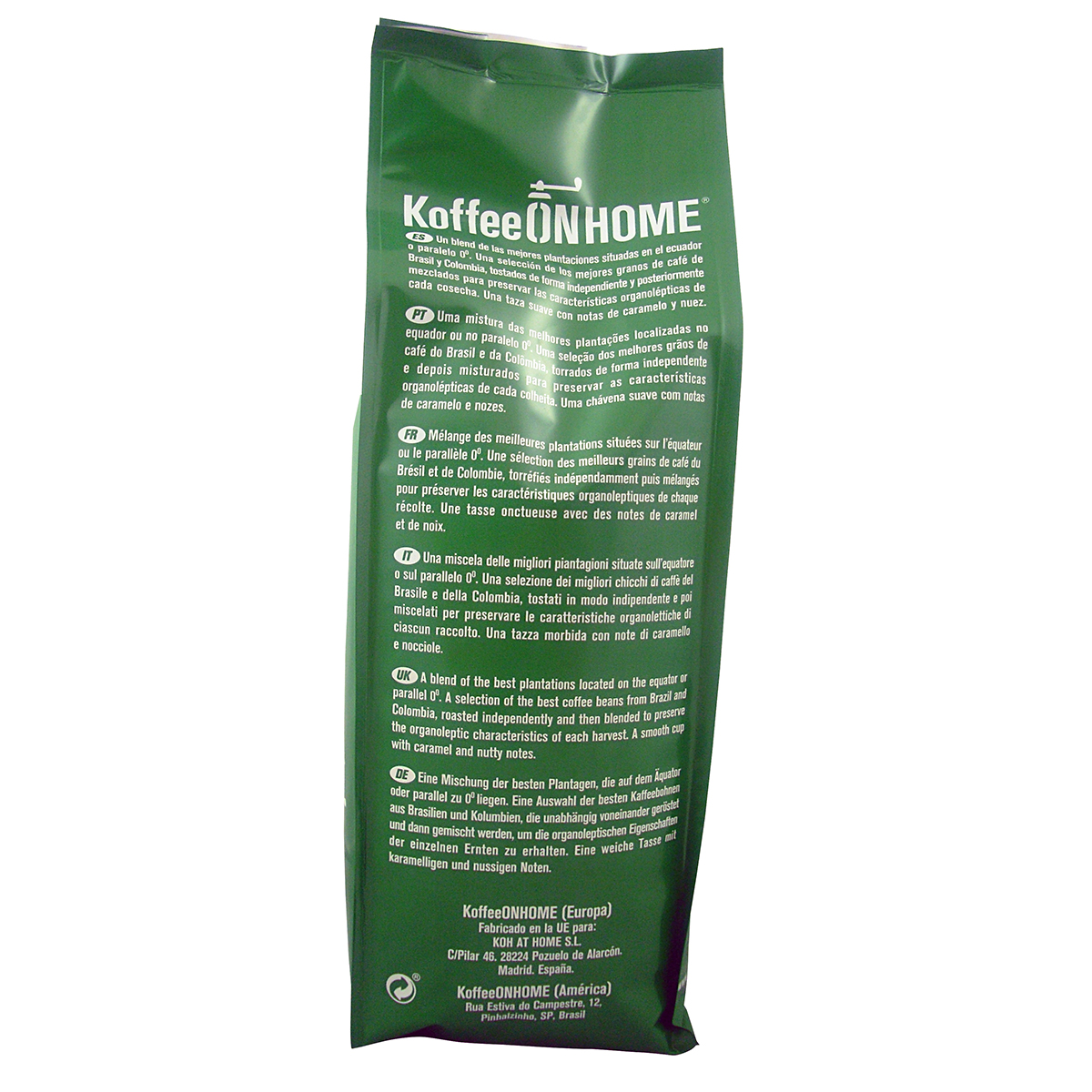 Embalaje de café con descripciones de producto multilingües.