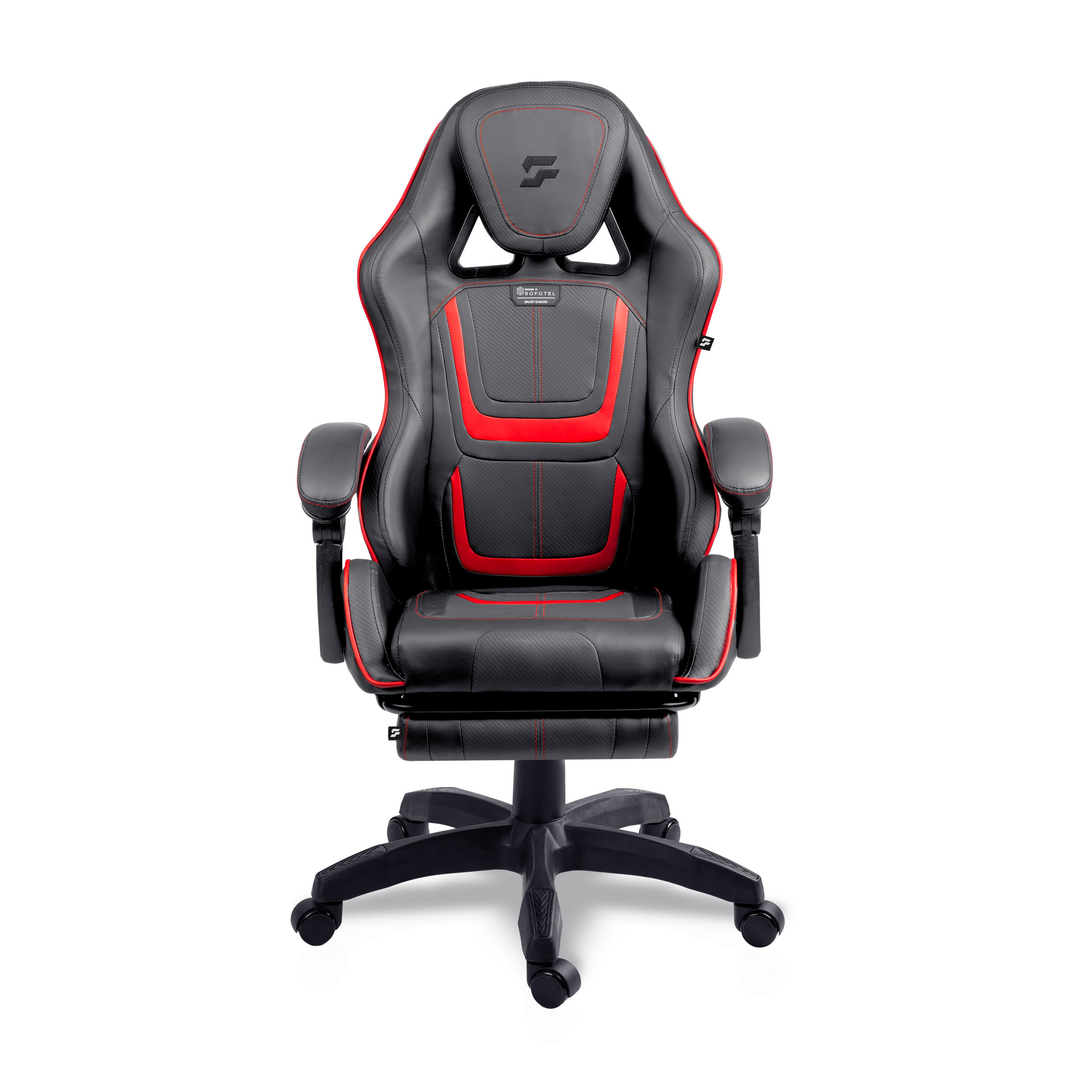 Czarny fotel gamingowy z czerwonymi akcentami i wysuwanym podnóżkiem.