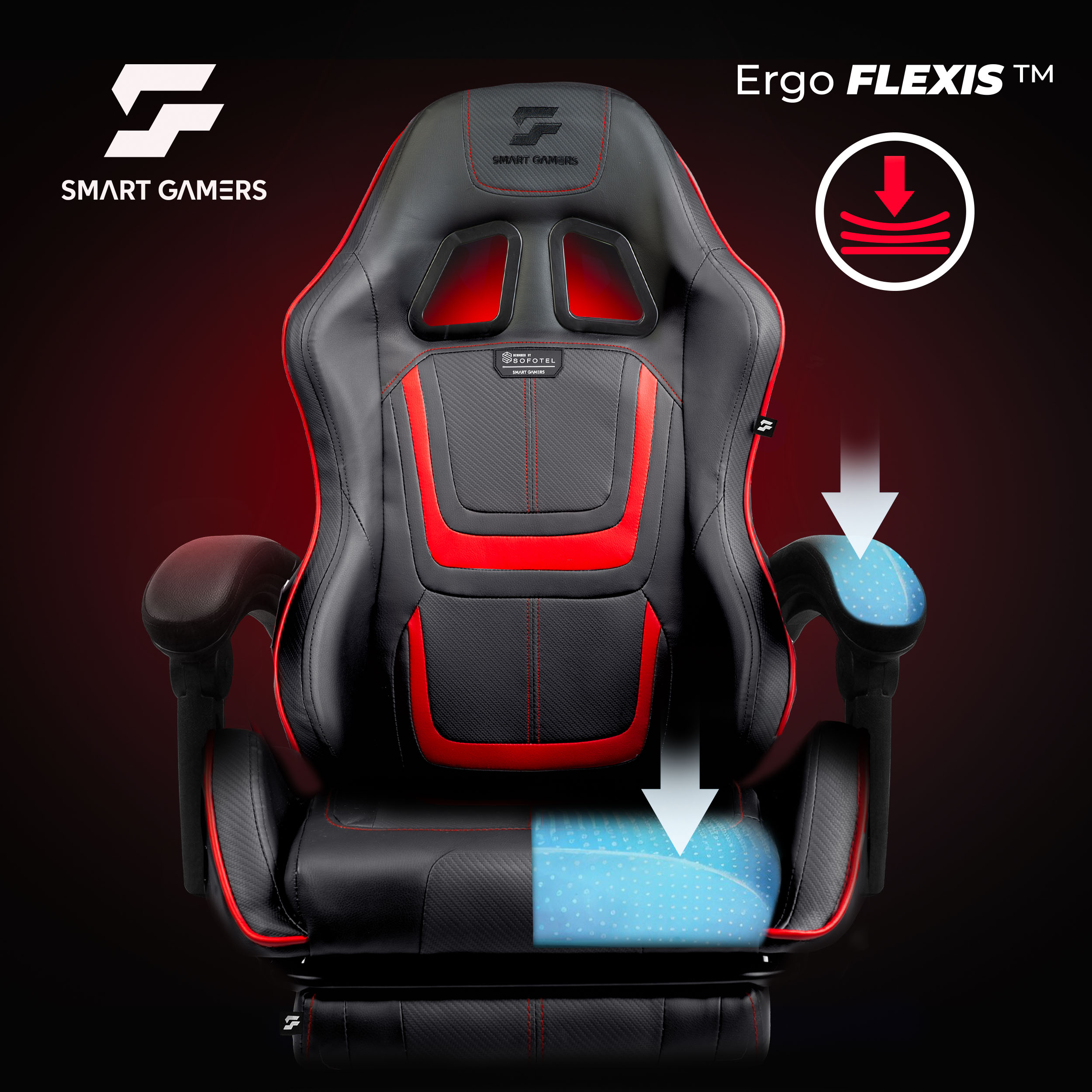 Czarny fotel gamingowy z czerwonymi akcentami i wskaźnikami flex.