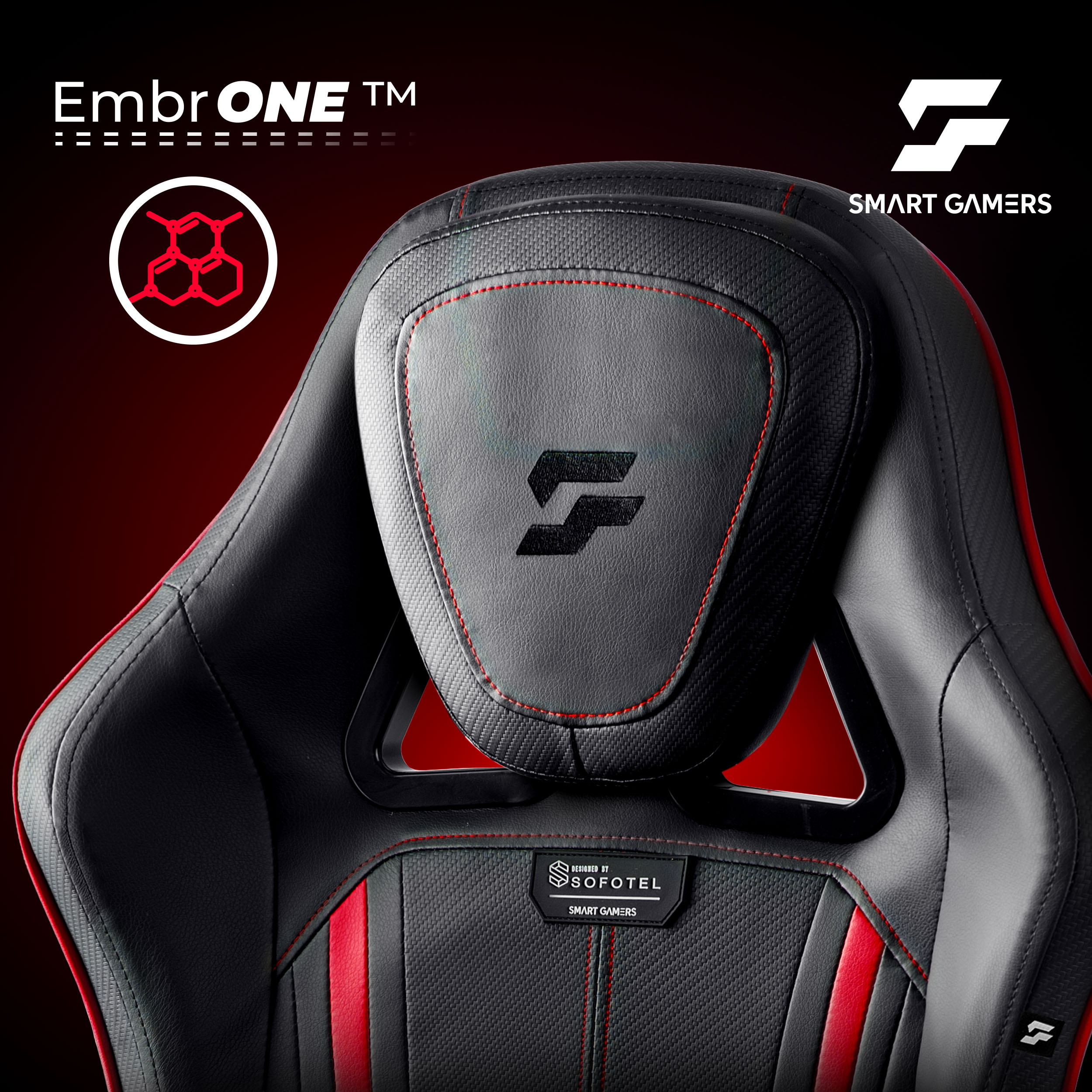 Czarny fotel gamingowy z czerwonymi akcentami i logo.