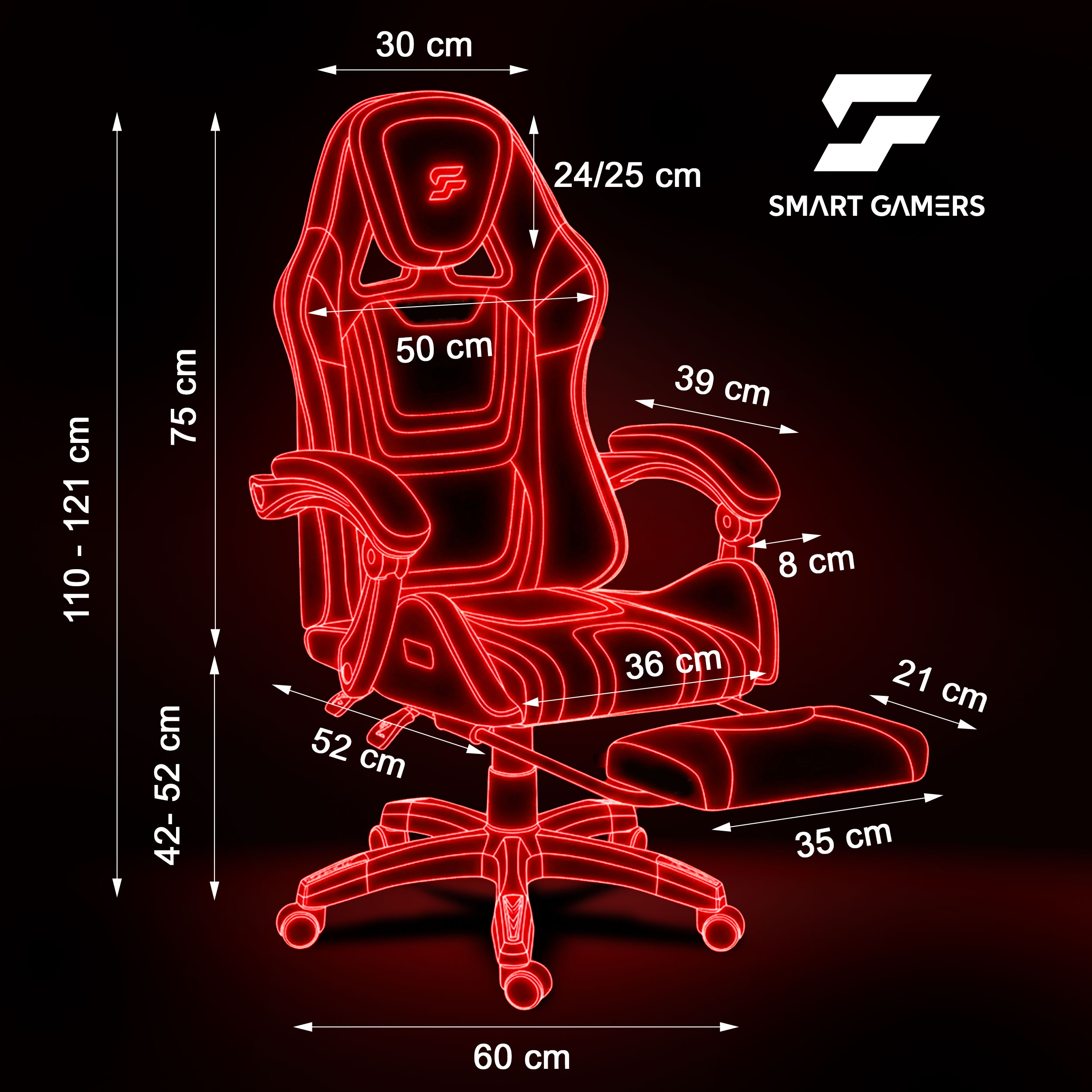 Czerwony kontur fotela gamingowego z wymiarami na czarnym tle.