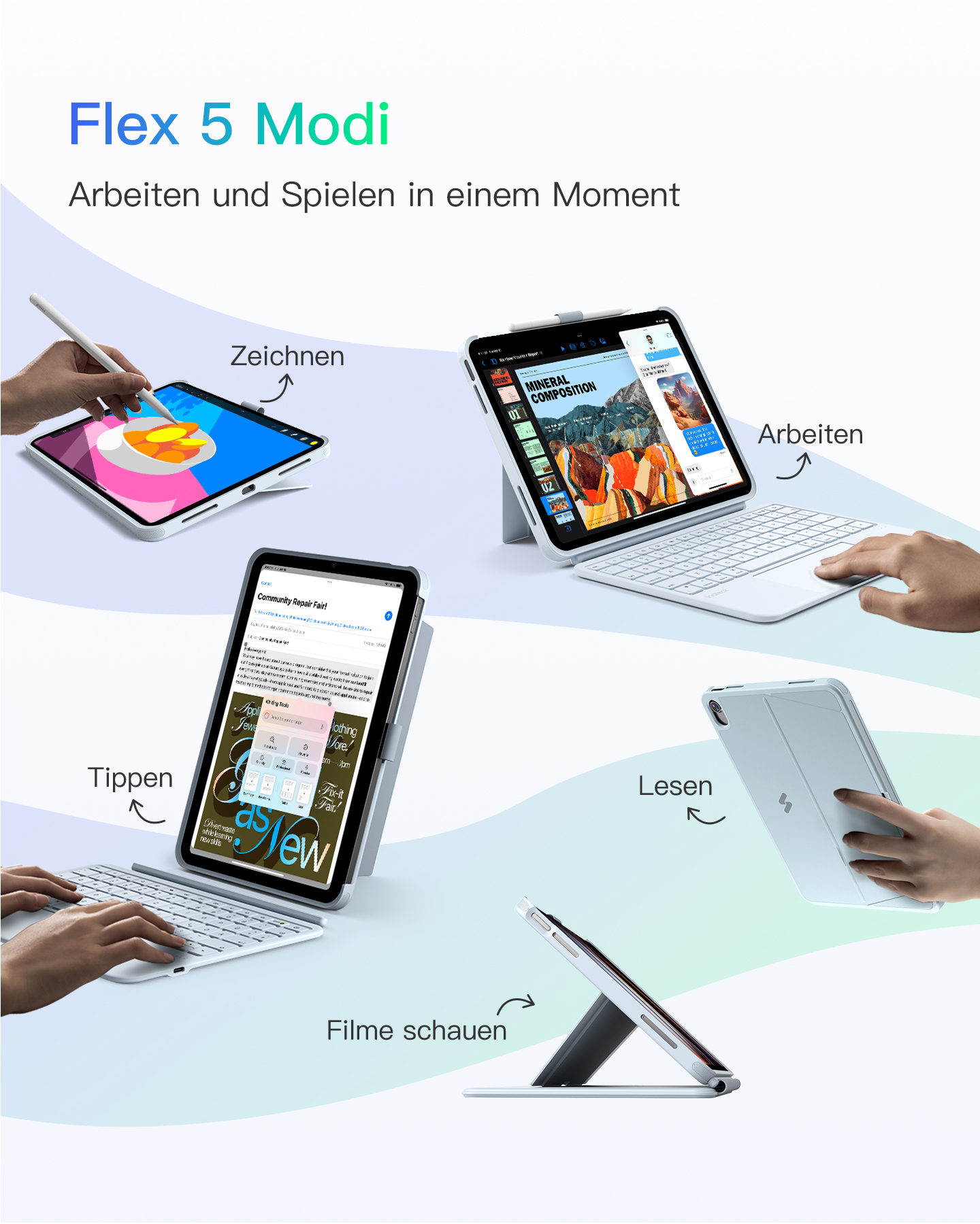 Tablets werden für Zeichnen, Arbeiten, Tippen, Lesen und Filme schauen gezeigt.