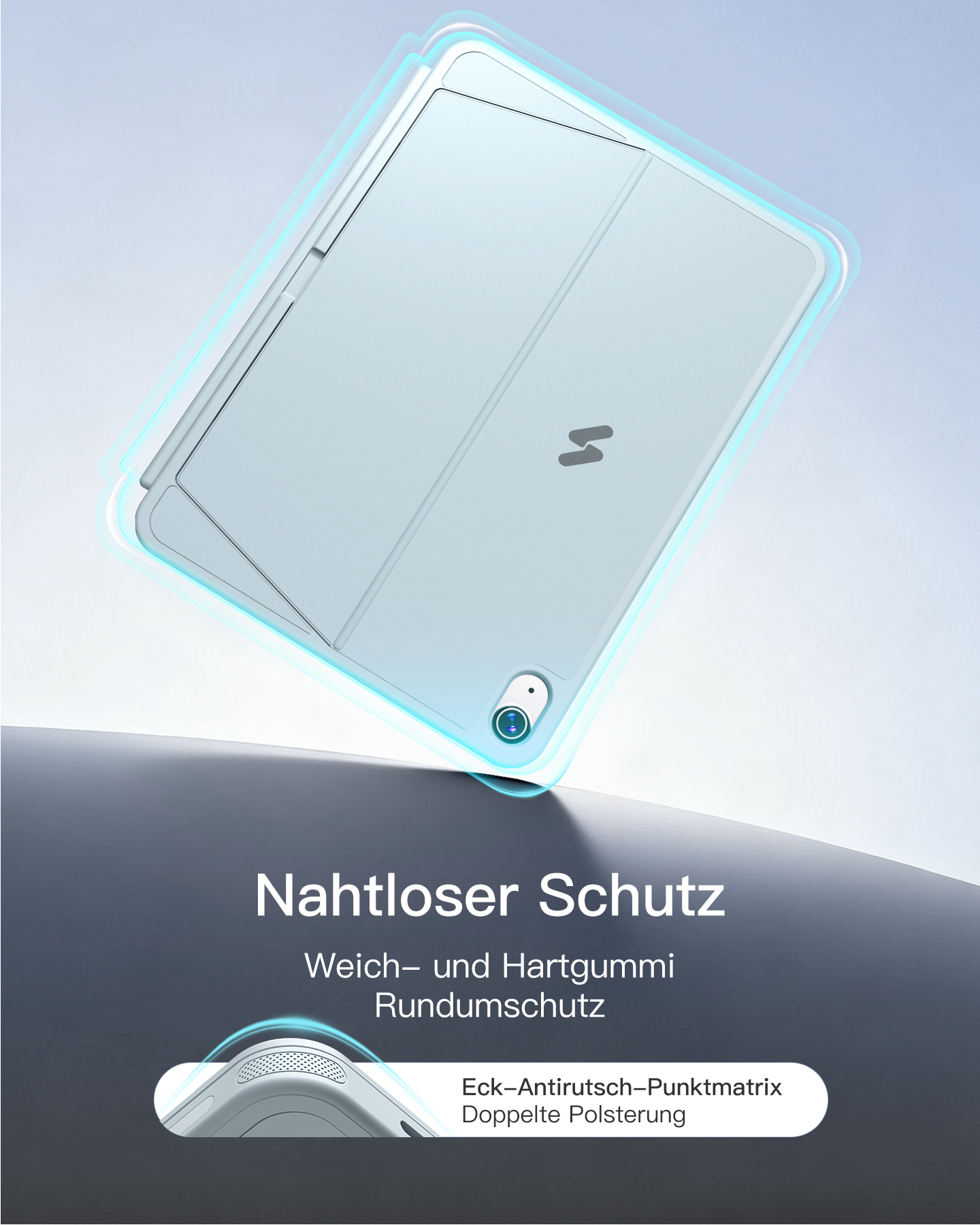 Ein hellblaues Tablet mit einer Schutzhülle, das aus der Vogelperspektive gezeigt wird.