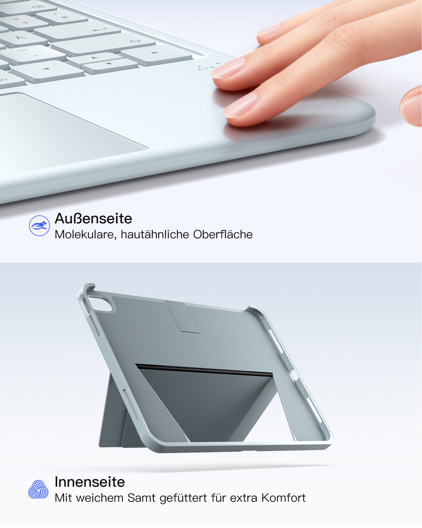 Ein Finger berührt eine Tastatur. Unten ein ständer für ein Tablet.