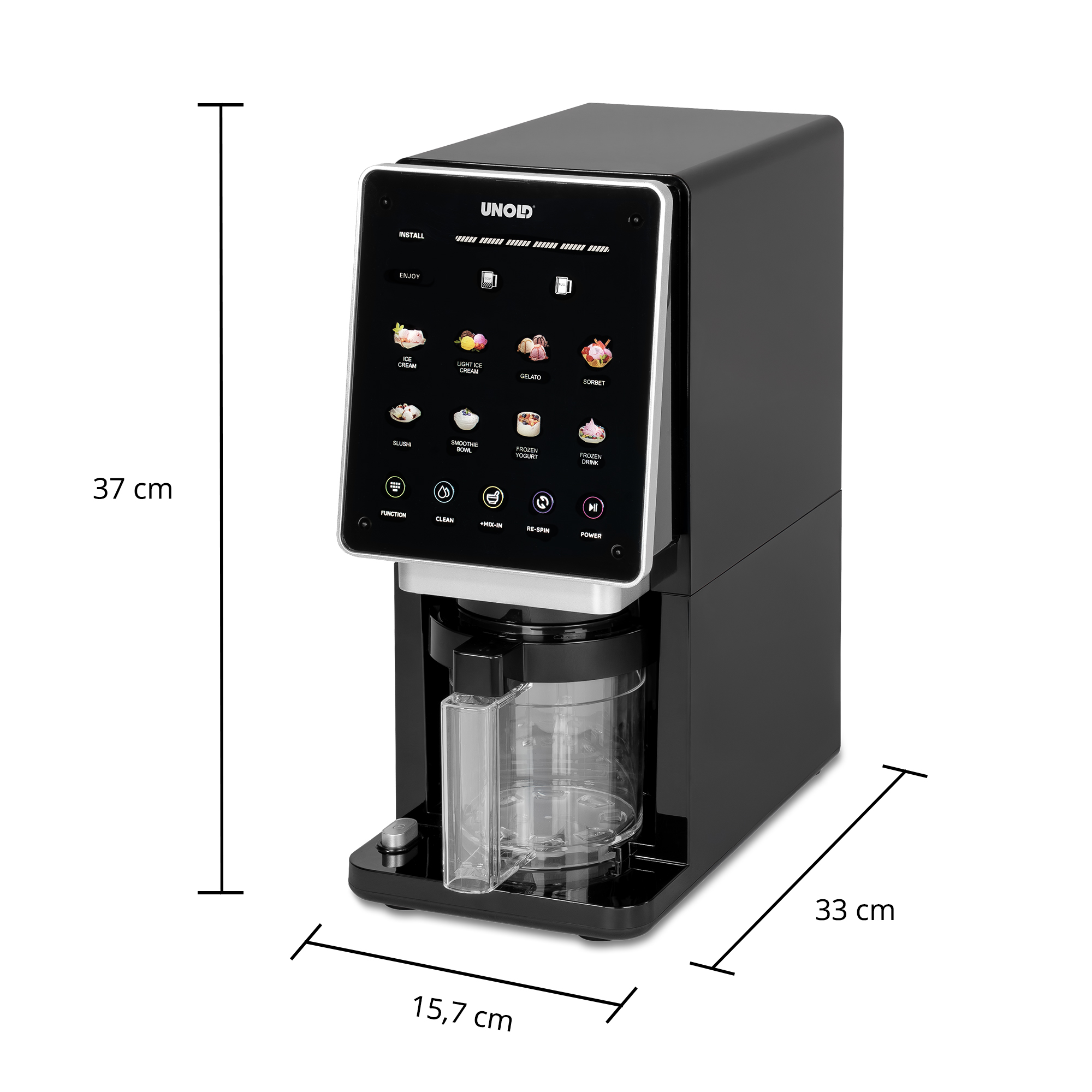 Schwarze Eismaschine mit Touchscreen, zeigt Eiscreme-Optionen an. Maße: 37x15,7x33 cm.