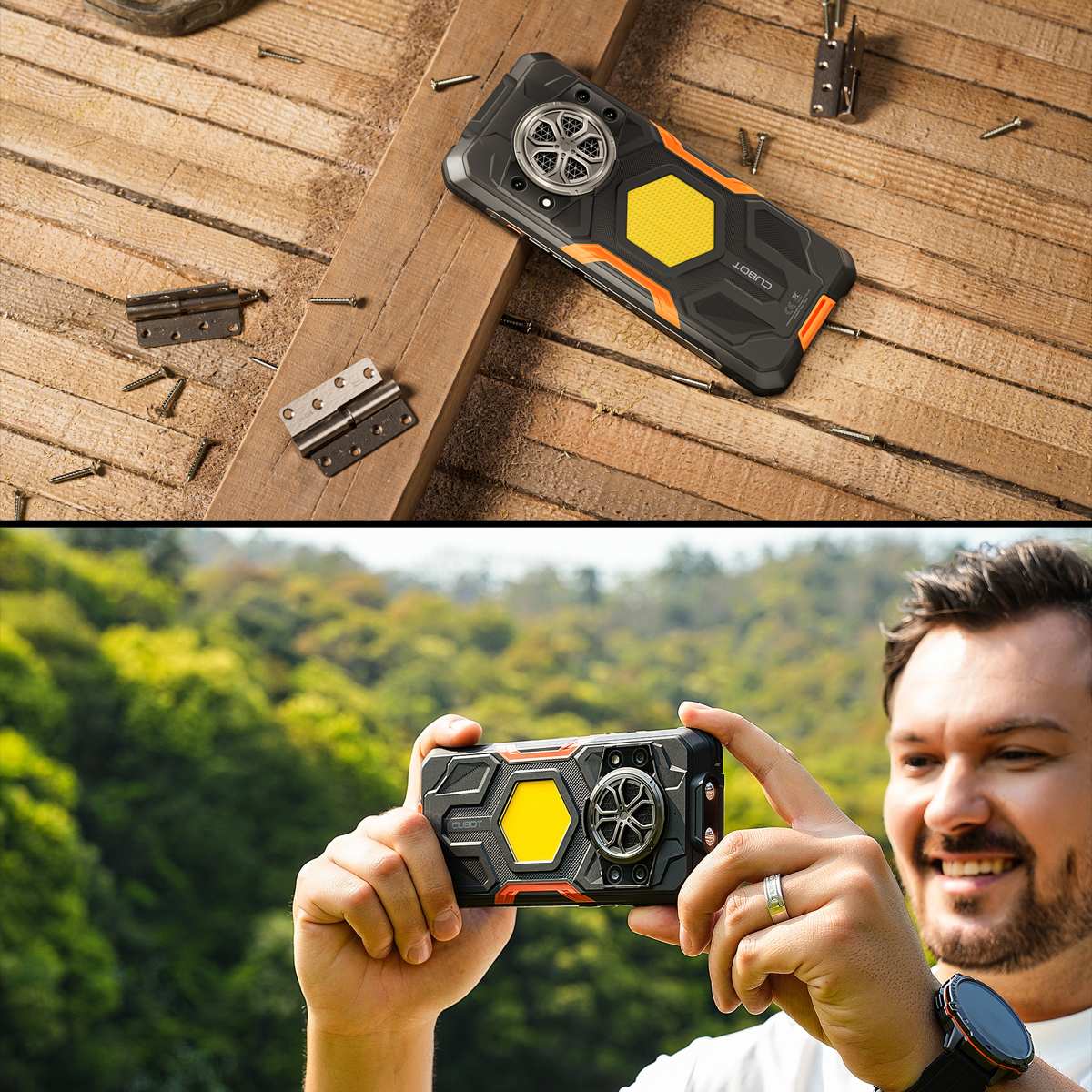 Wytrzymały smartfon na drewnianym stole z narzędziami, i mężczyzna trzymający go na zewnątrz.