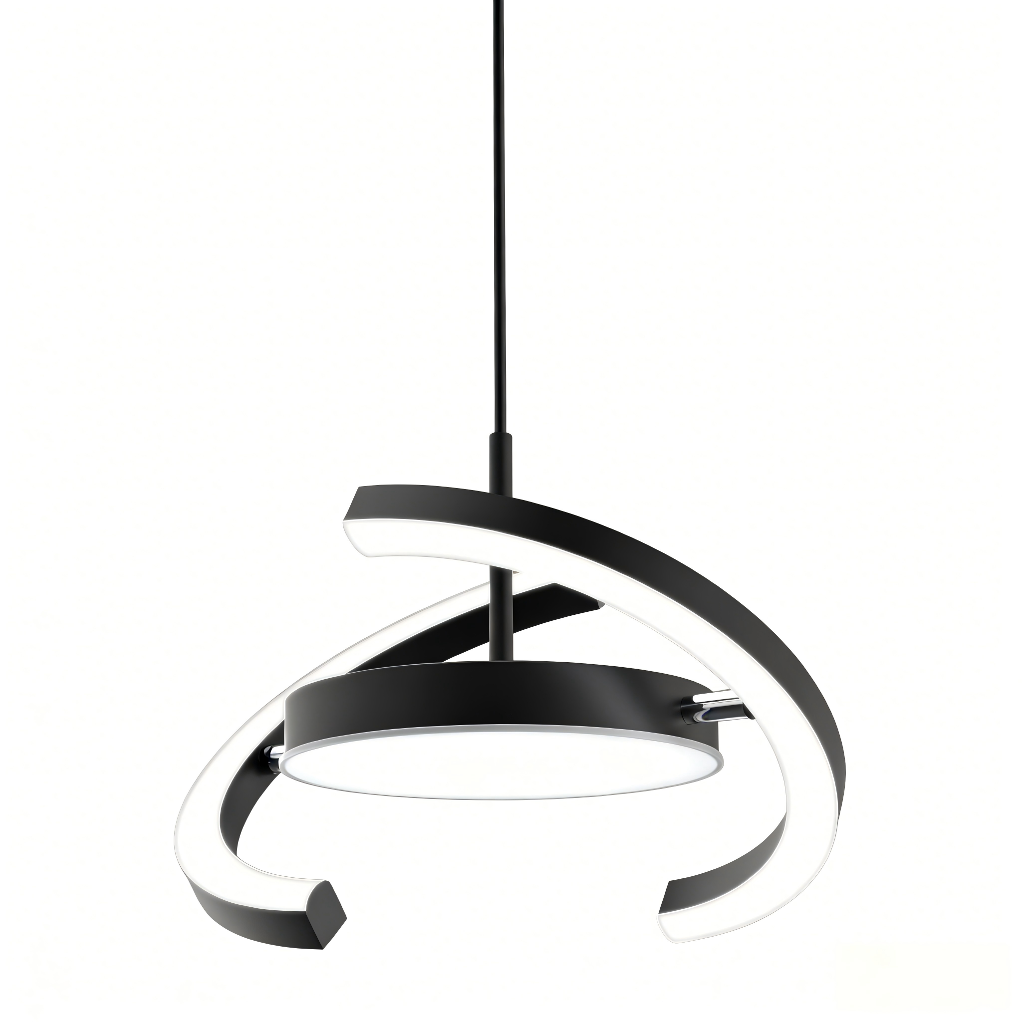 Eine moderne schwarze Pendelleuchte mit zwei spiralförmigen Armen und integriertem Licht.