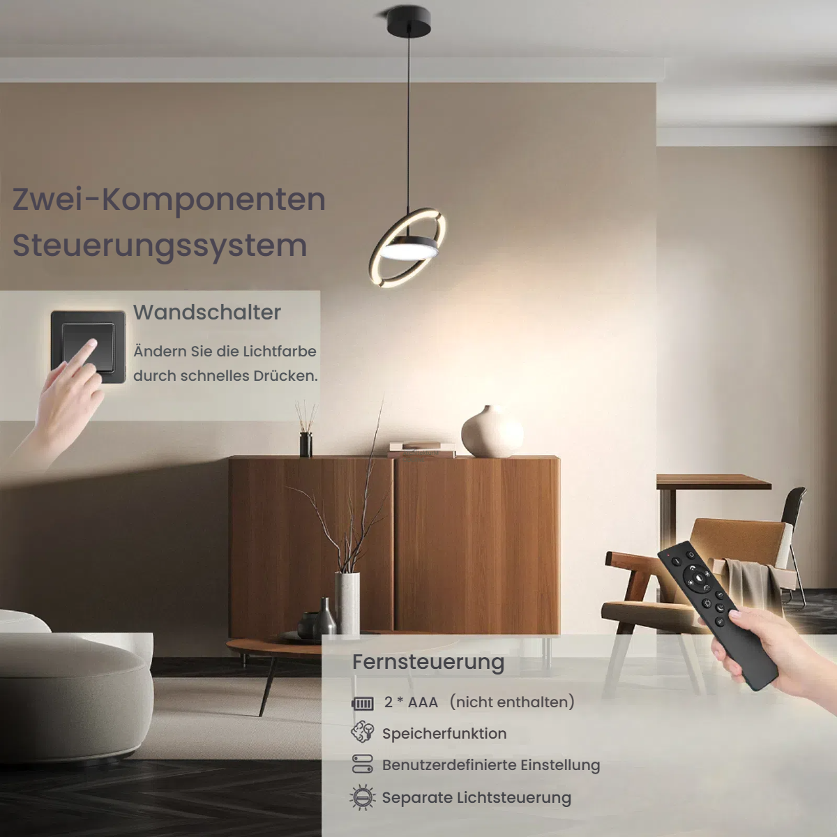 Ein moderner Wohnraum mit Pendelleuchte, Wand- und Fernbedienung.