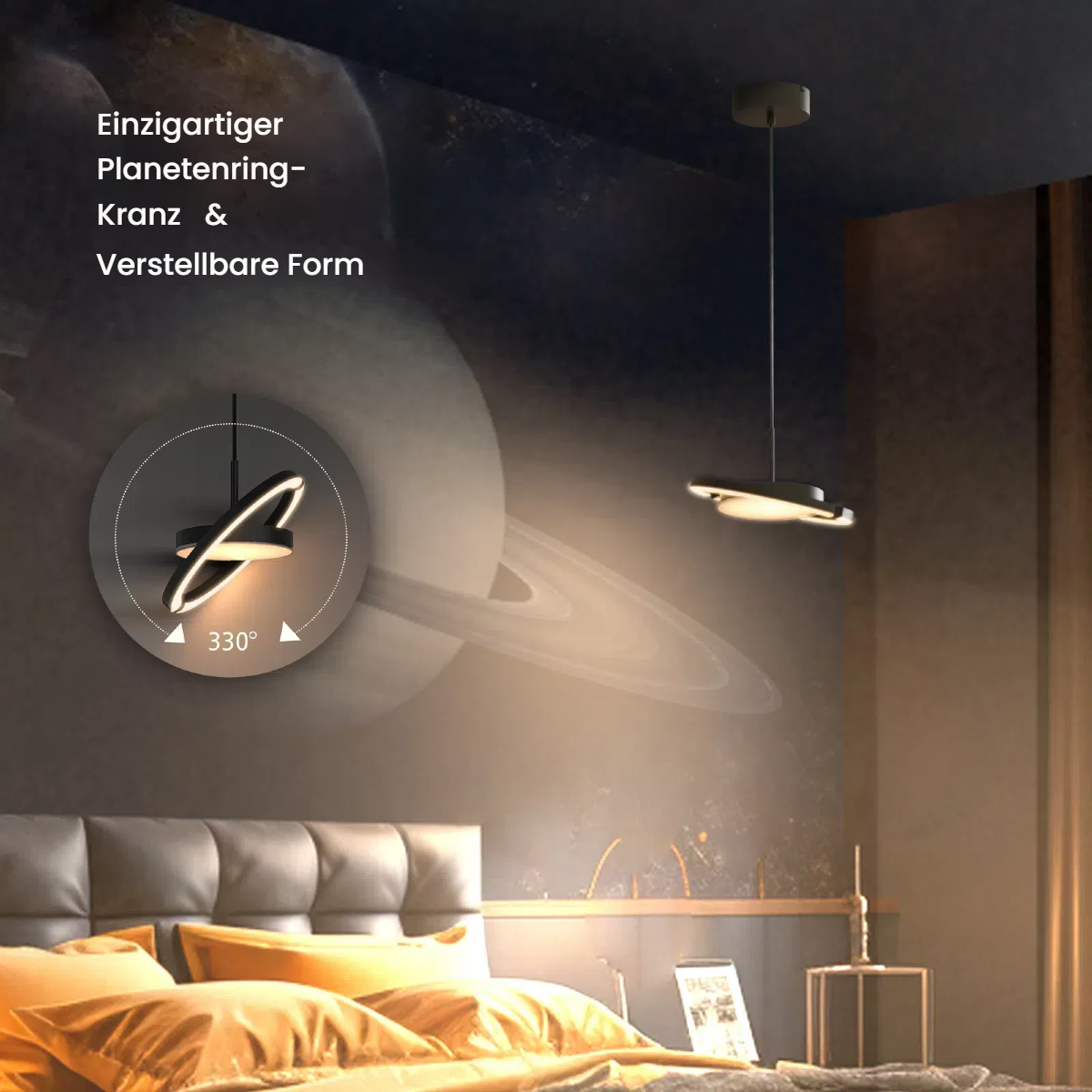 Ein futuristischer Ring-Deckenleuchter über einem Bett, beleuchtet durch Planeten-Muster.