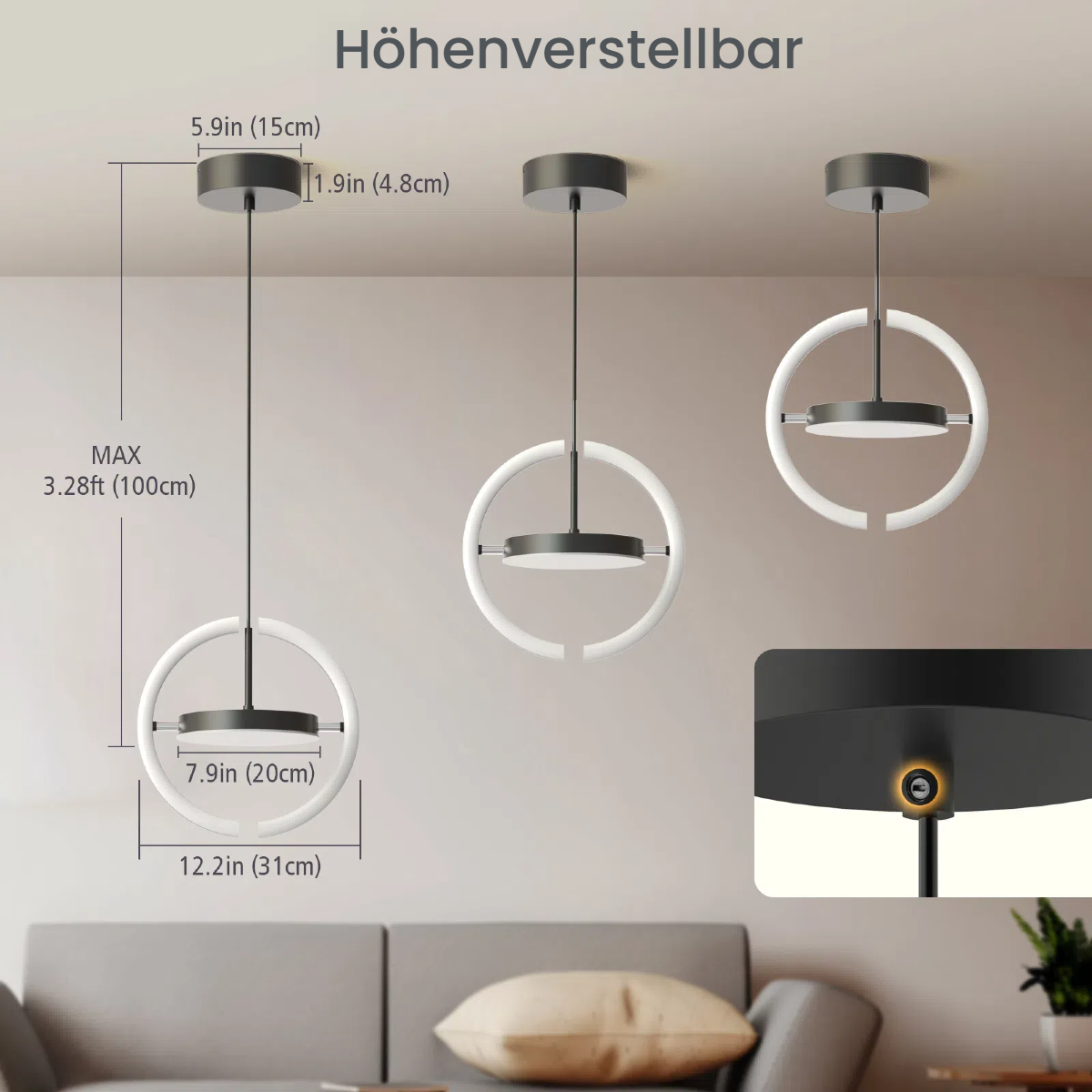 Drei höhenverstellbare Pendelleuchten mit weißem Ring und schwarzem Mittelteil.