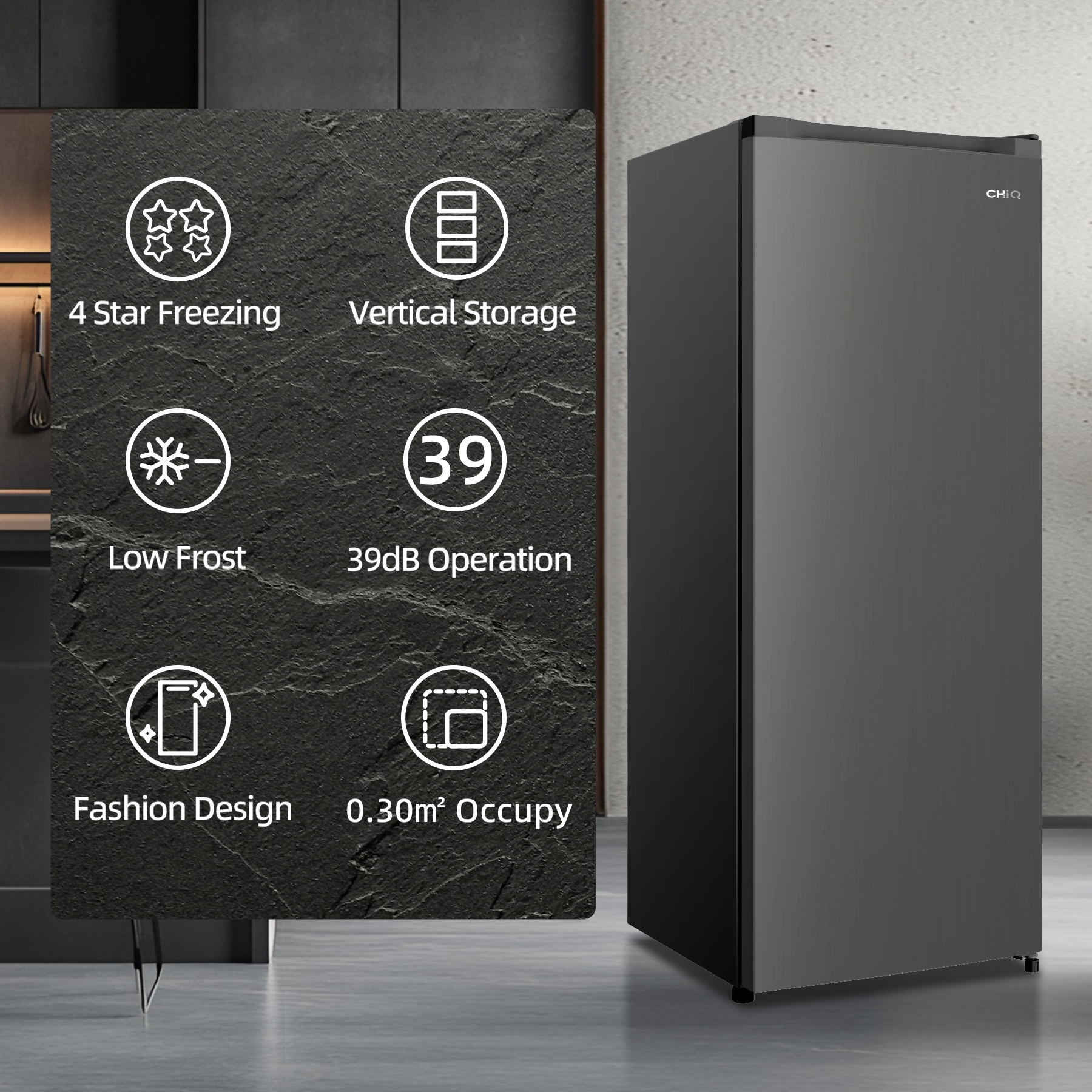 Un refrigerador oscuro con características como congelación de 4 estrellas, almacenamiento vertical.