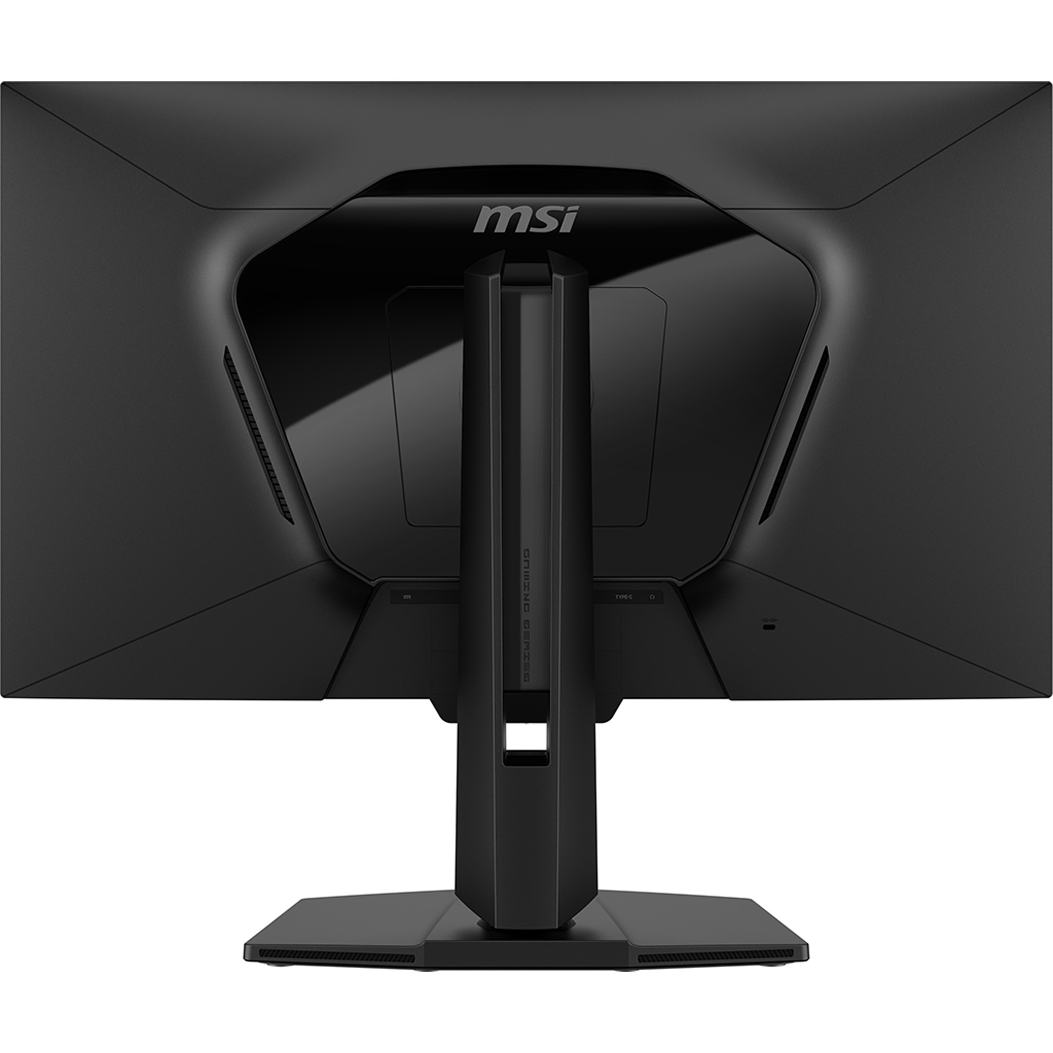 Vista trasera de un monitor gaming MSI negro con soporte.