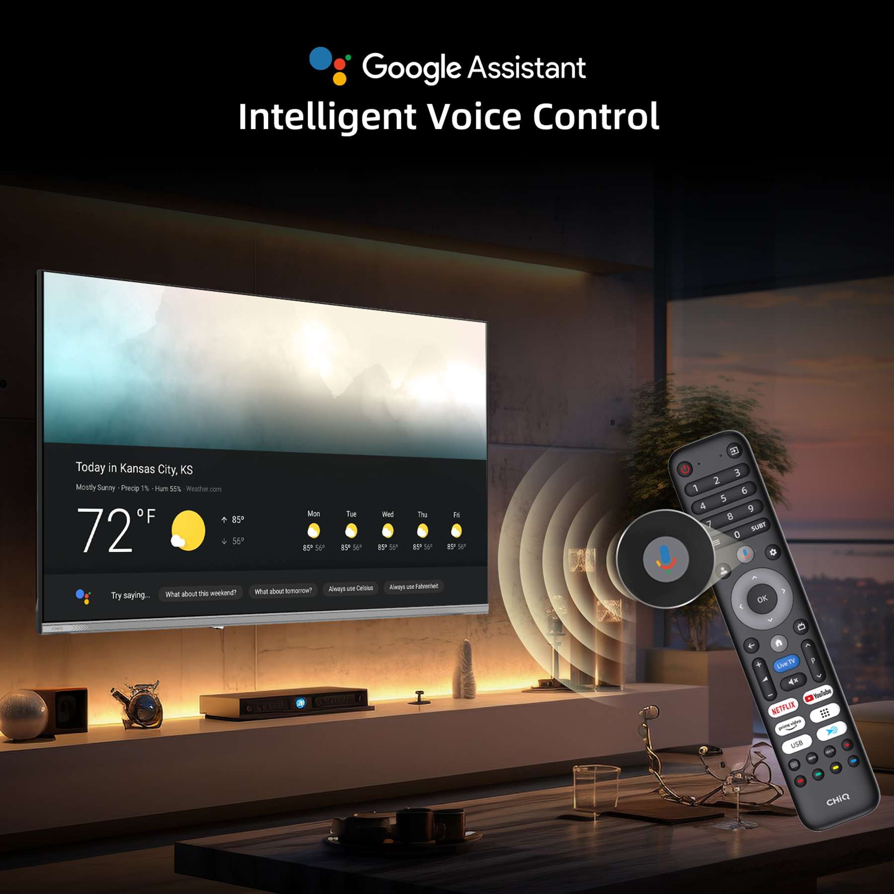 Un televisor muestra el tiempo a 72°F. Un mando a distancia está al lado.