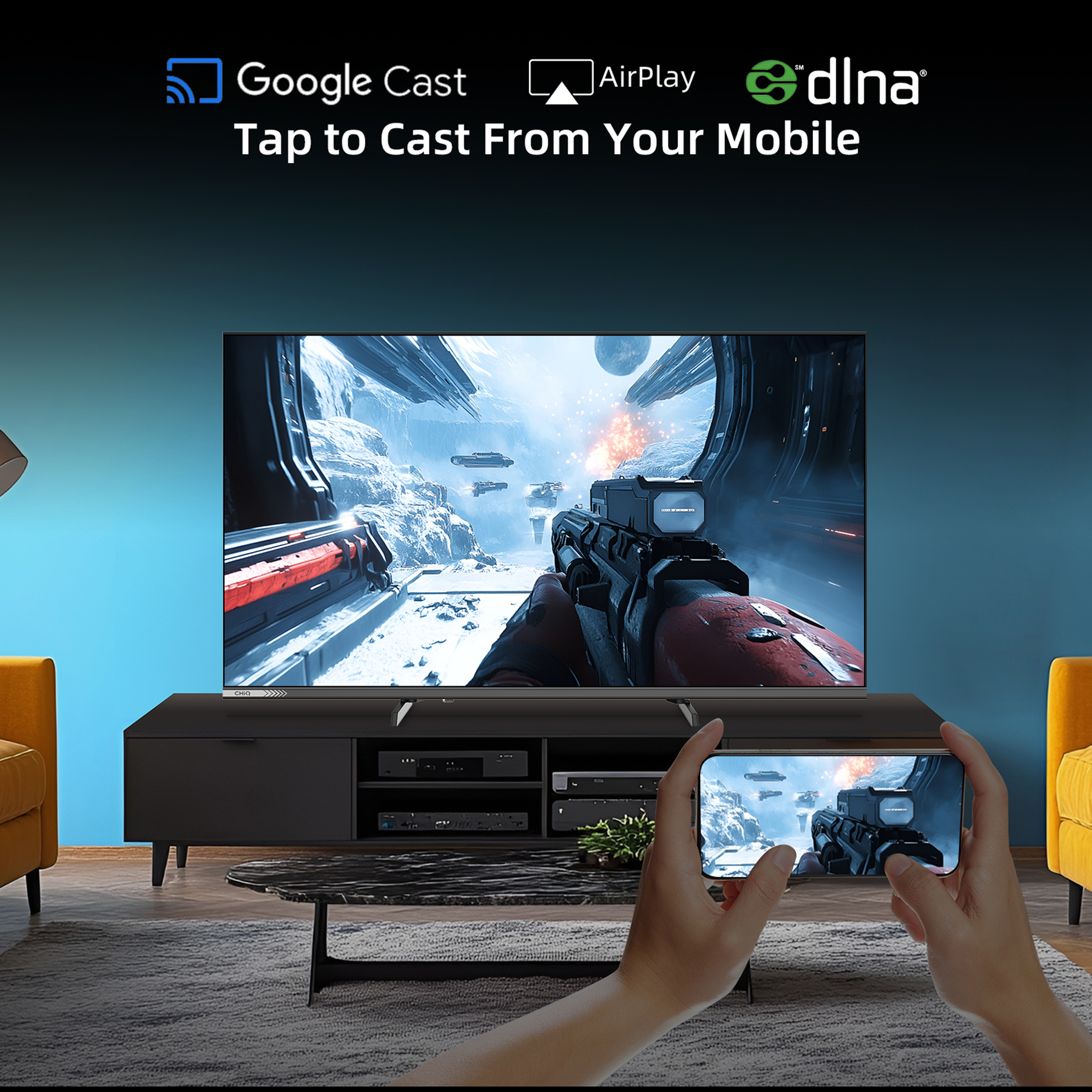 Telefon odzwierciedla grę wideo z telewizora. Google Cast, AirPlay, DLNA.