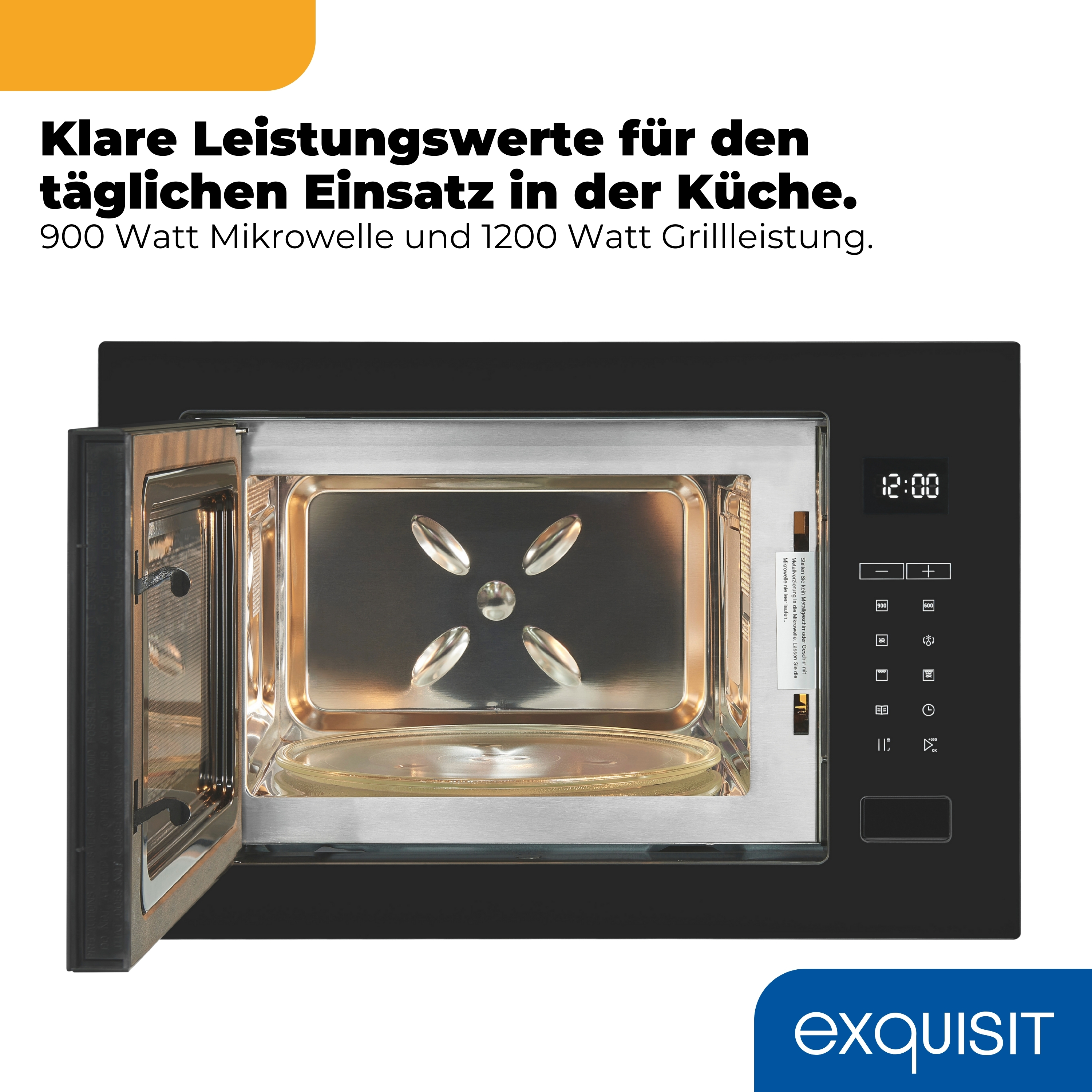 Eine schwarze Mikrowelle mit geöffneter Tür, innen glänzend und beleuchtet.