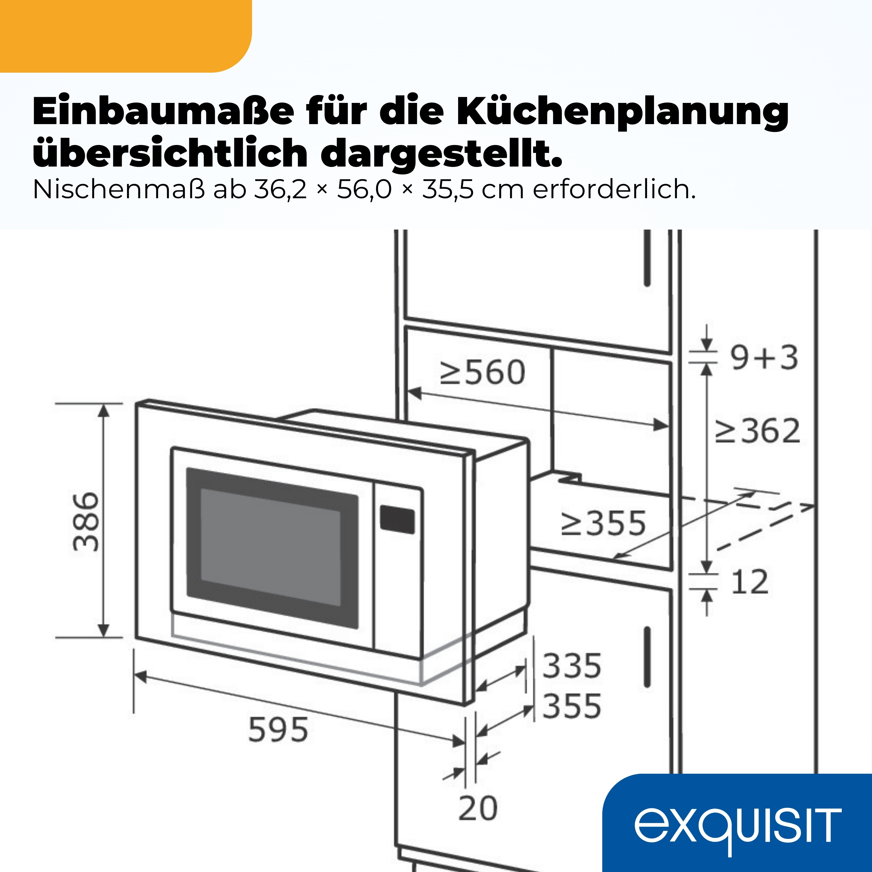 Einbauzeichnung eines Mikrowellenherds mit Maßen.