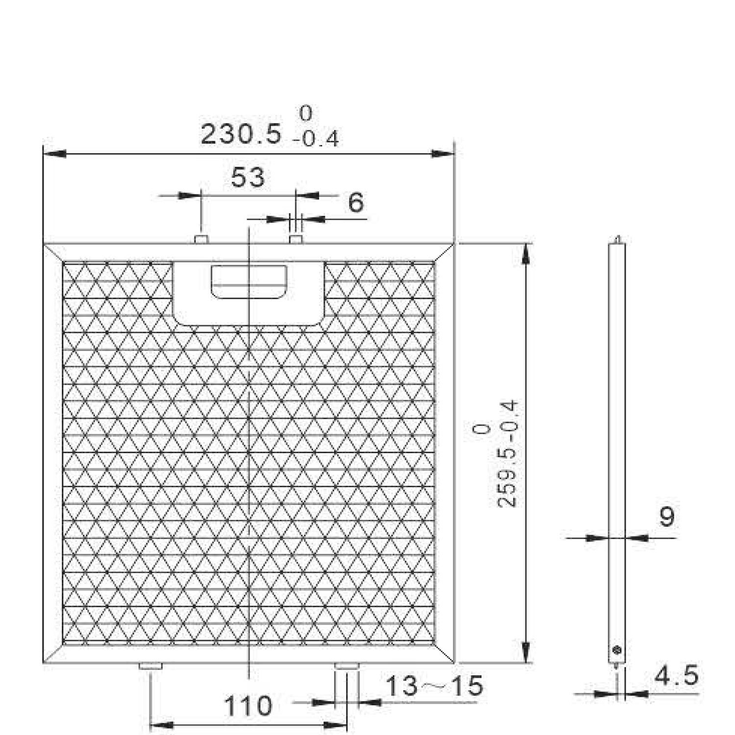 Technische Zeichnung eines rechteckigen Filters mit Bemaßungen.