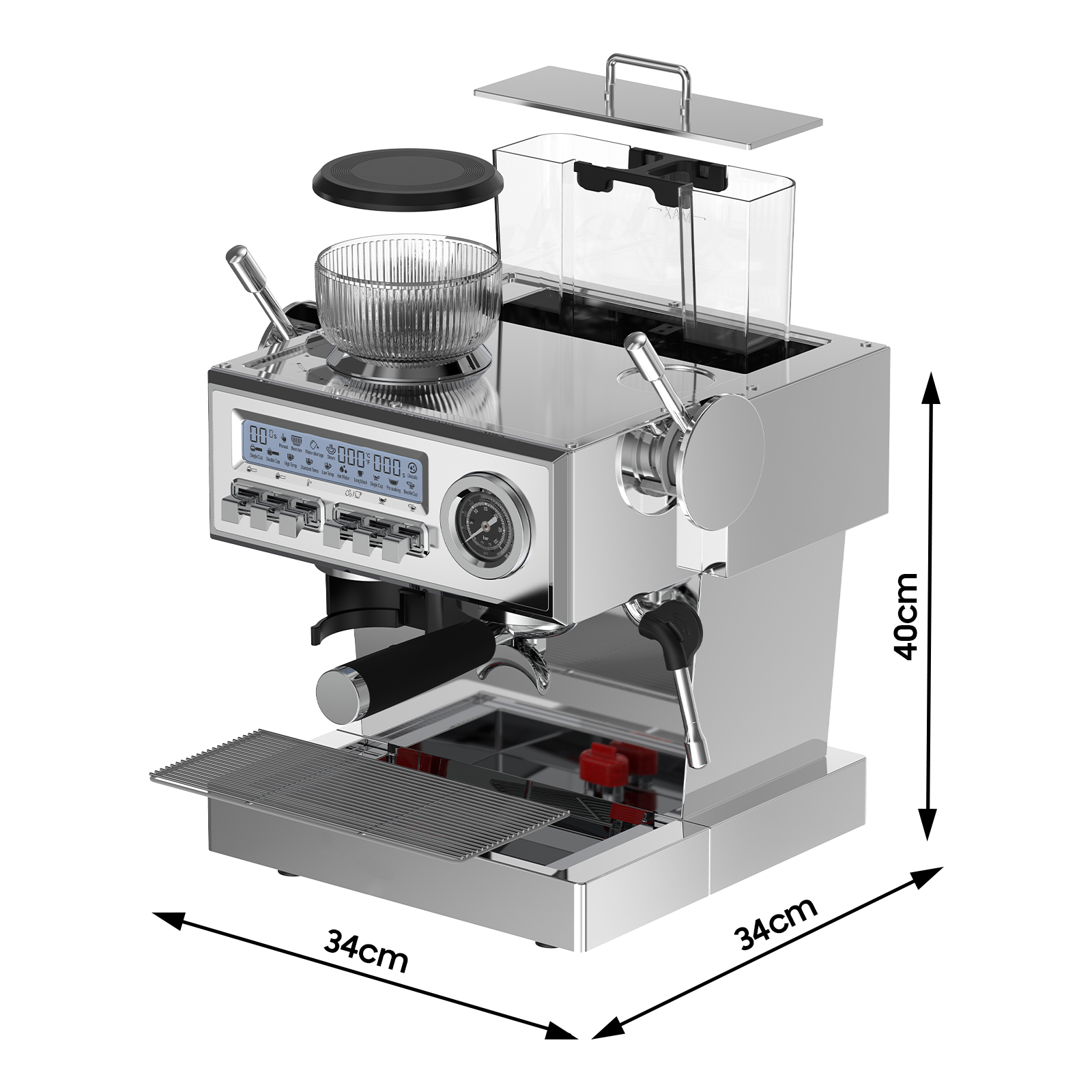 Chrom-Espressomaschine mit Glasbehälter, Wassertank und Maßen.