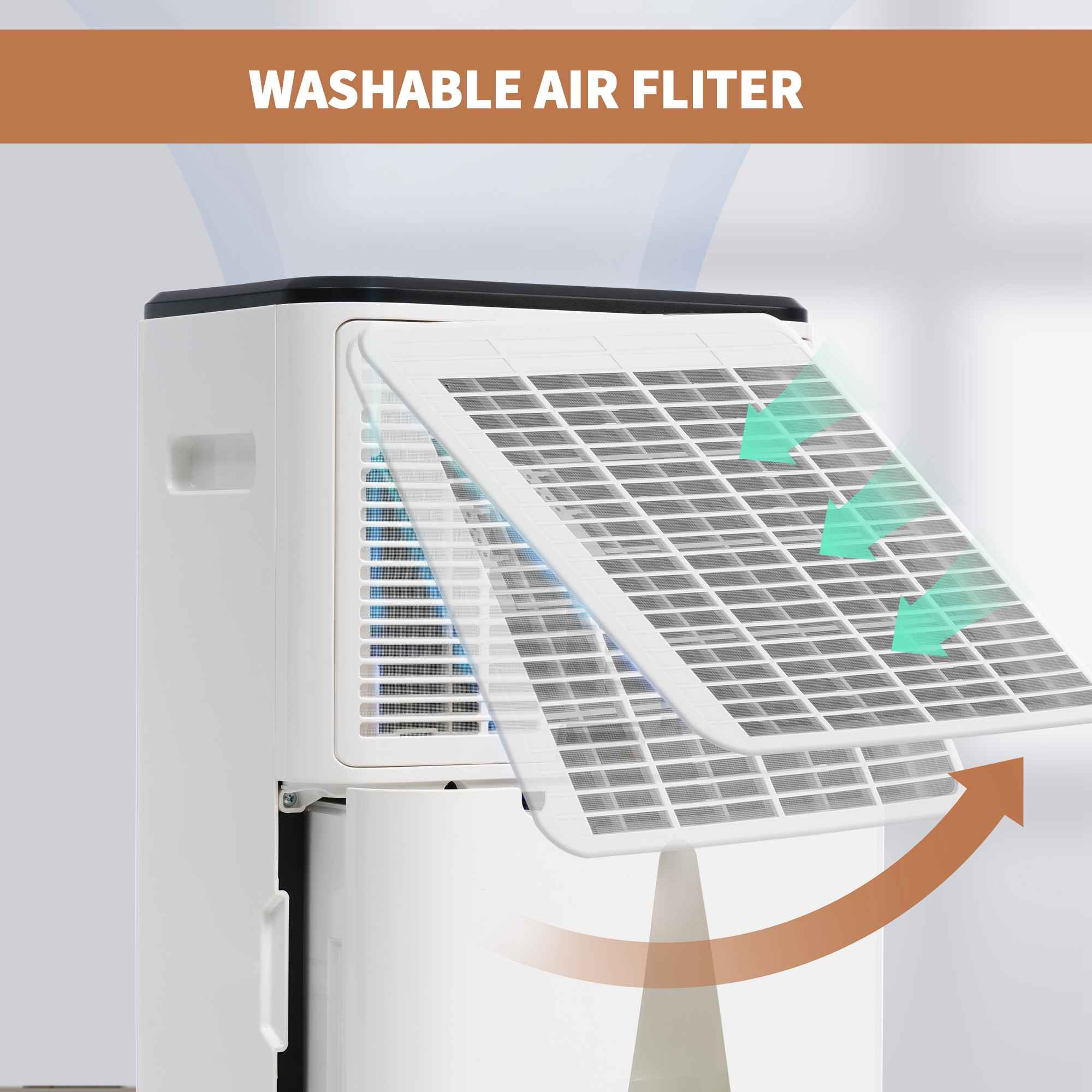 Ein weißer Luftreiniger mit herausziehbarem, waschbarem Filter. Pfeile zeigen Luftstrom.
