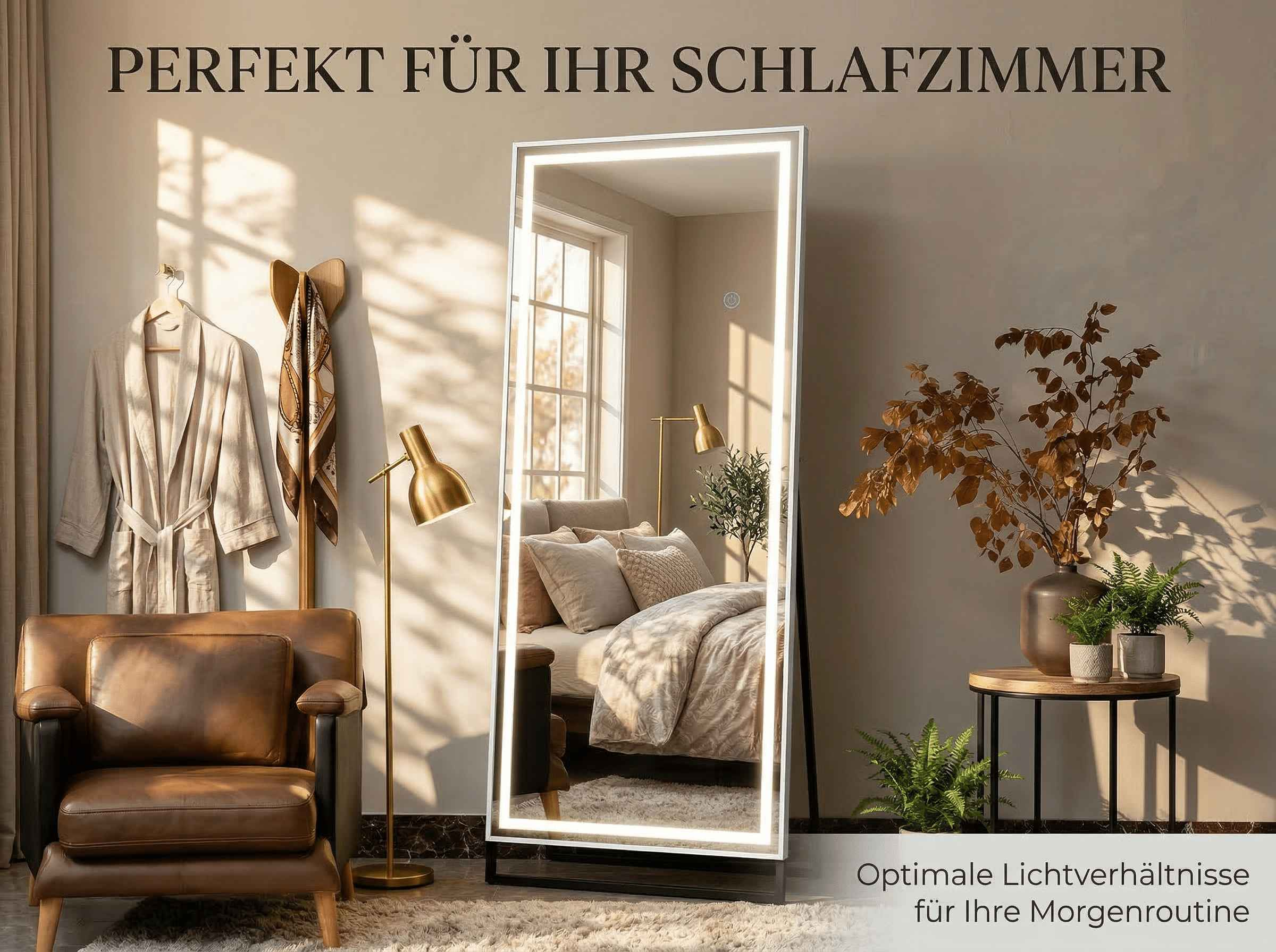 Ein beleuchteter Spiegel reflektiert ein Bett, daneben ein Sessel und Pflanzen.