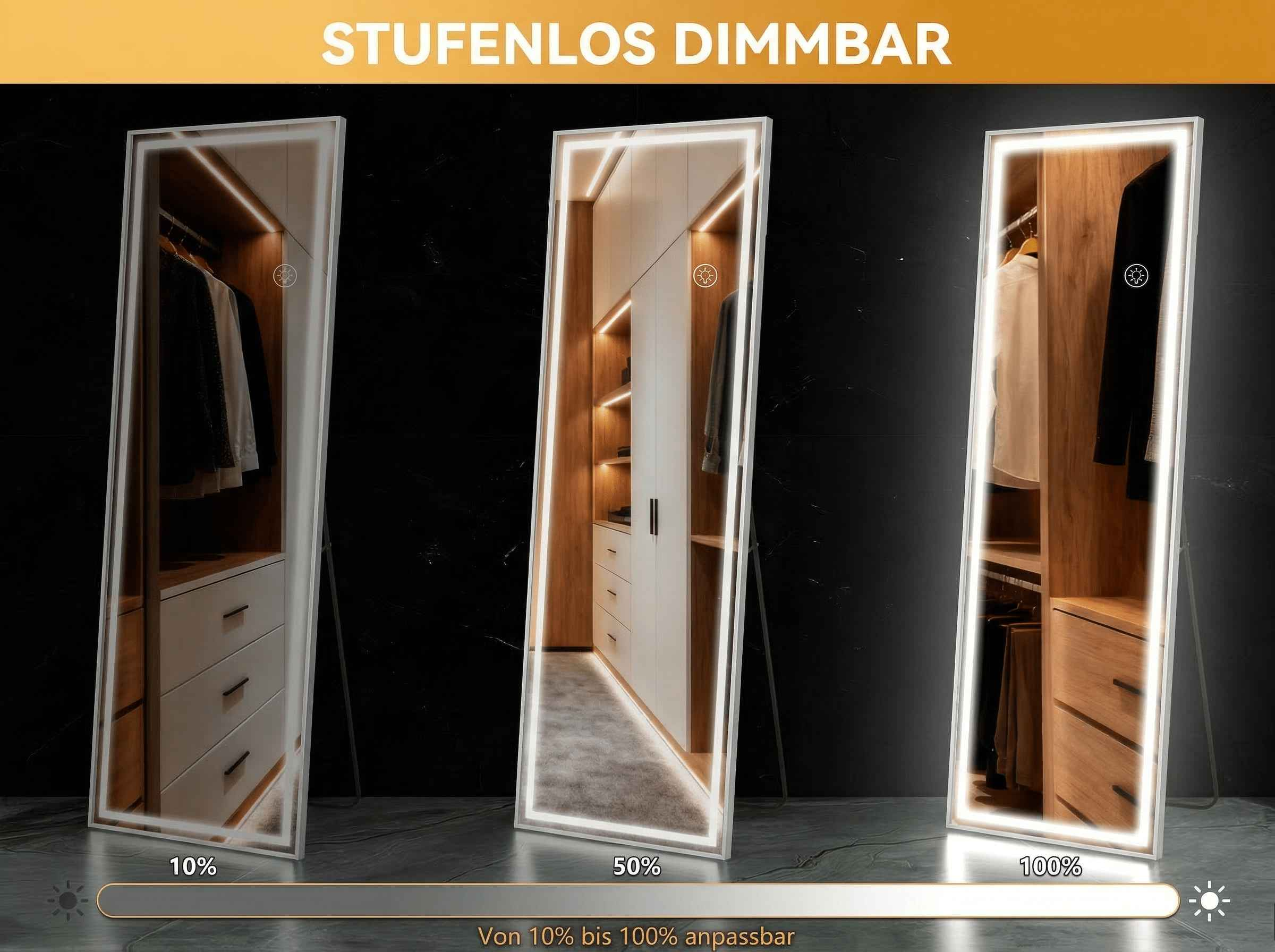 Drei beleuchtete Spiegel zeigen einen begehbaren Kleiderschrank mit Kleidung.