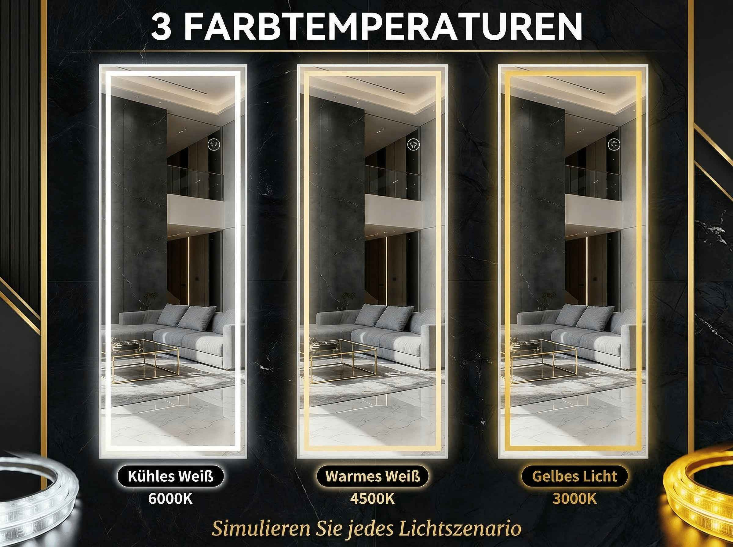 Drei Spiegel zeigen verschiedene Lichttemperaturen: kühl, warm und gelb.