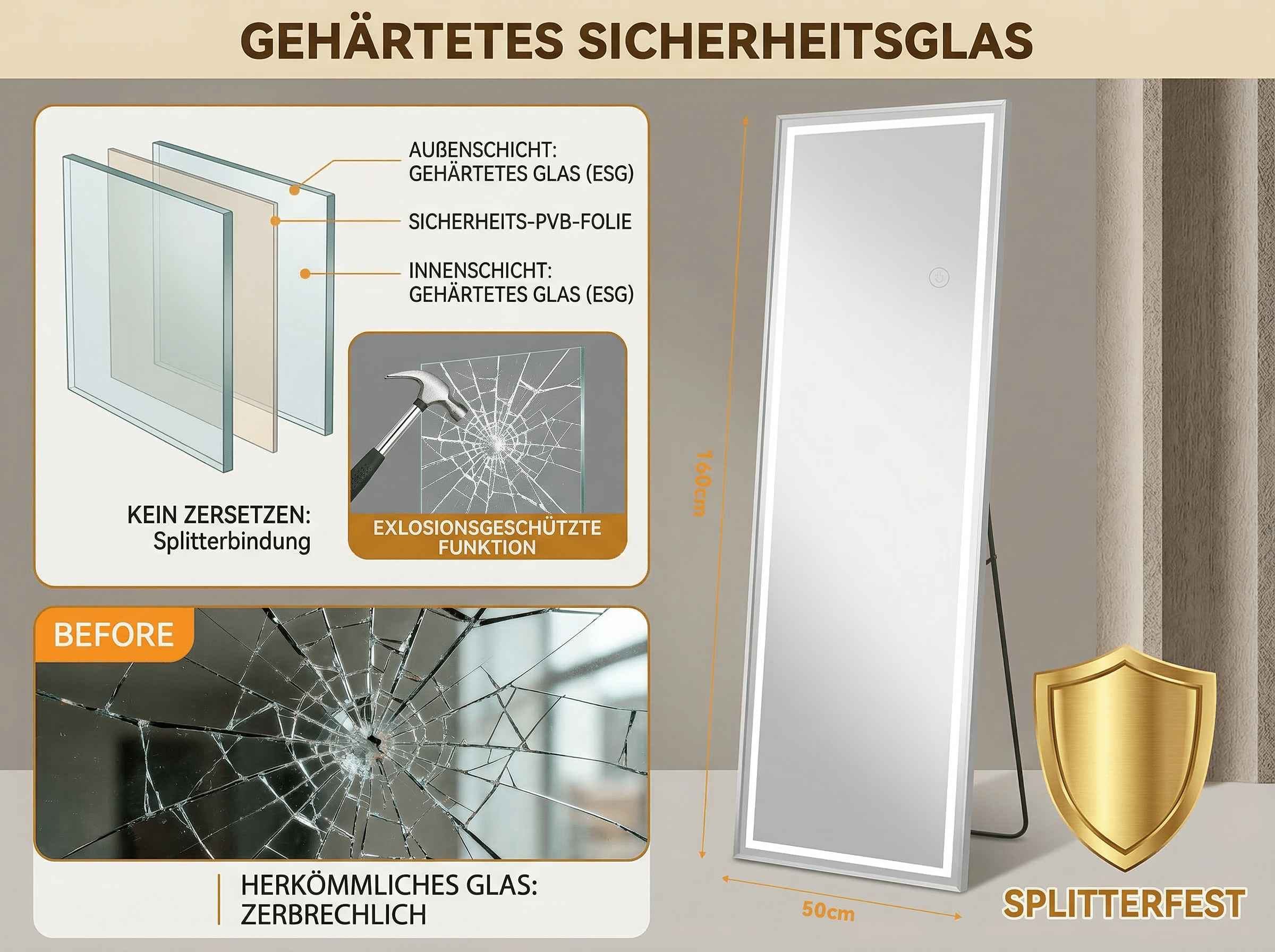Sicherheitsglas-Aufbau mit Hammer und zerbrochenem Glas.