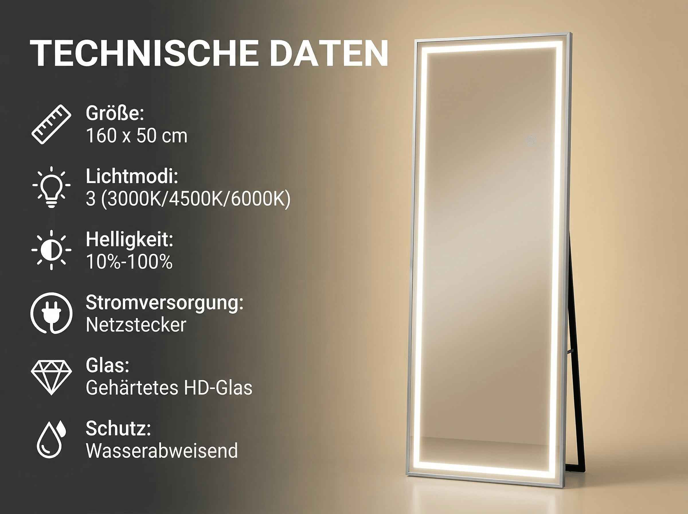 Großer Spiegel mit LED-Rahmen. Technische Daten: 160x50cm, 3 Lichtmodi, 10-100% Helligkeit.