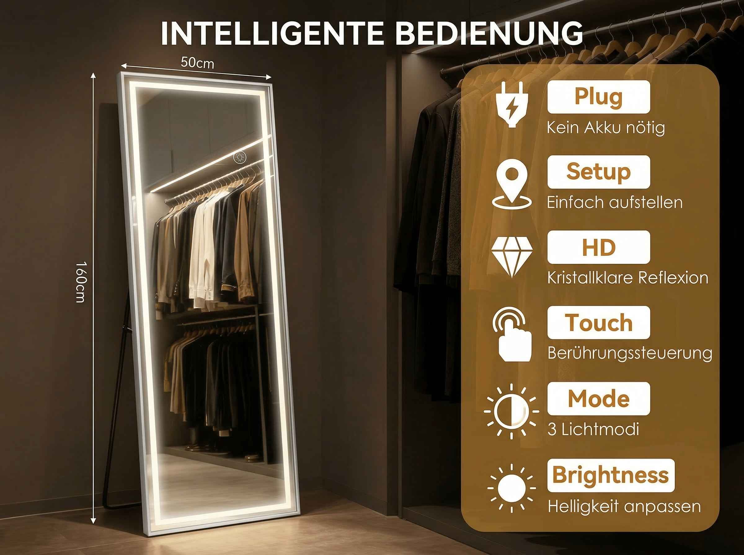 Ein beleuchteter Spiegel (160x50cm) steht vor einem Kleiderschrank mit Kleidung.