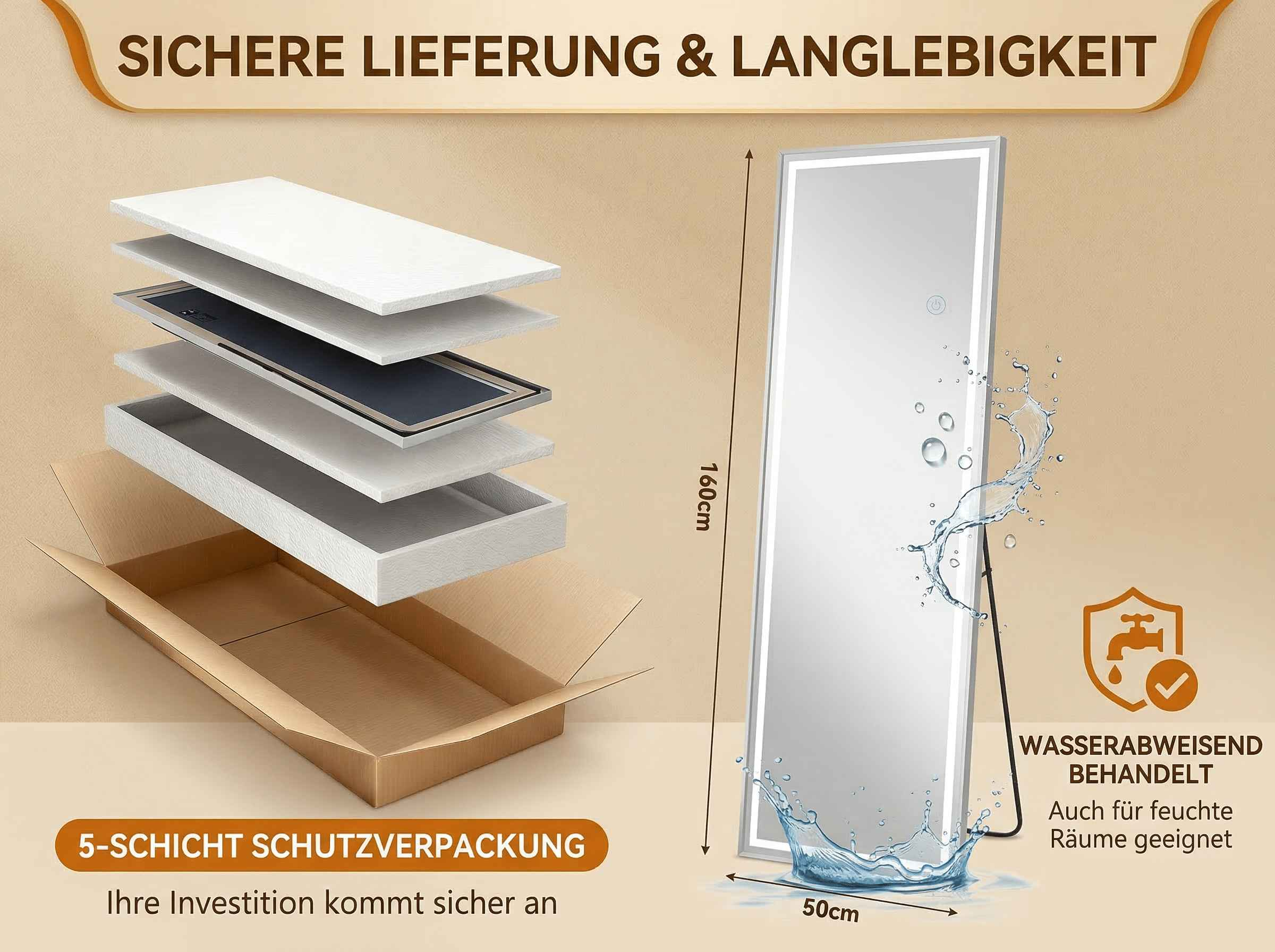 Standspiegel mit LED-Beleuchtung, 160cm x 50cm, wasserabweisend.