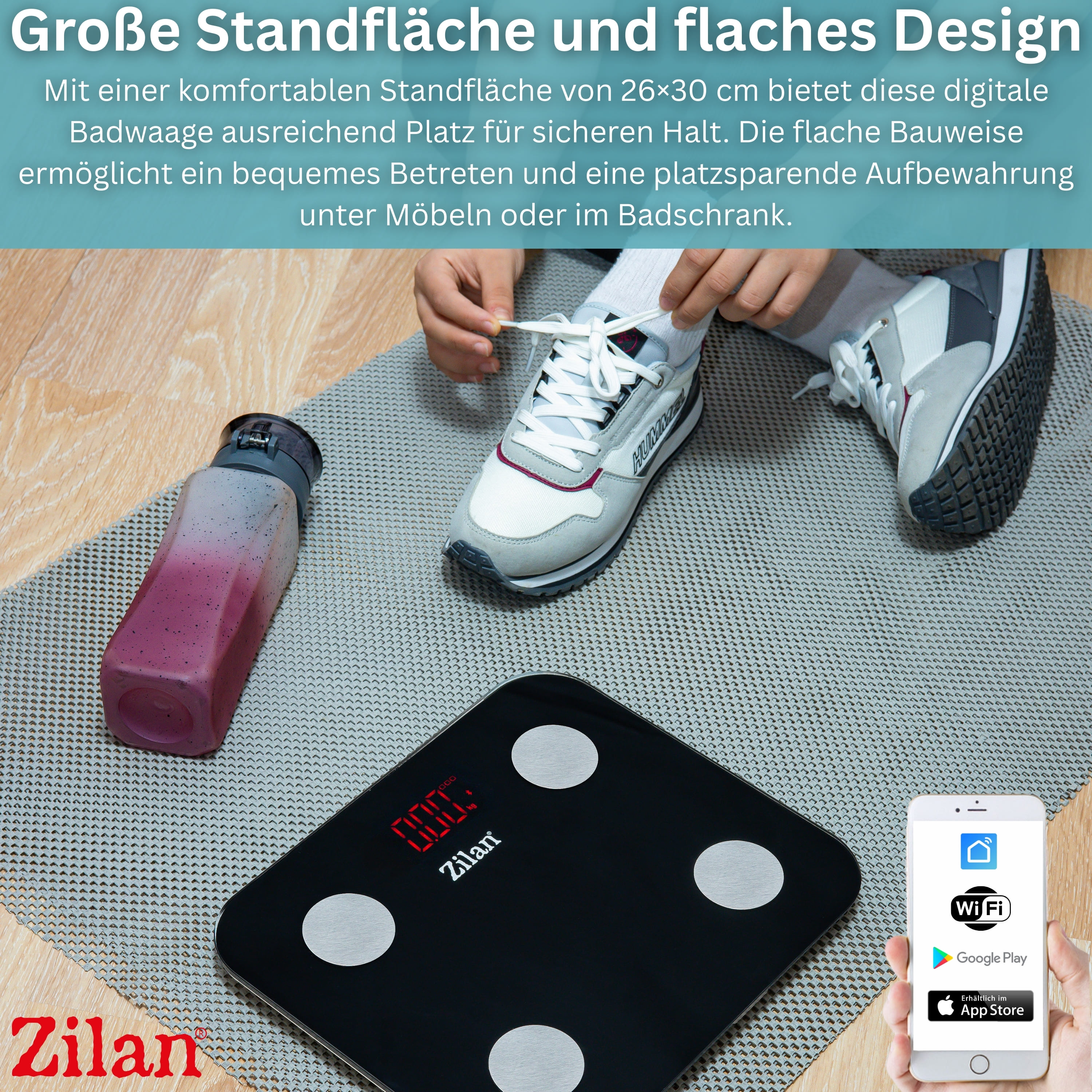Digitale Personenwaage mit Flaschen und Schuhen auf Matte. App-Icons.