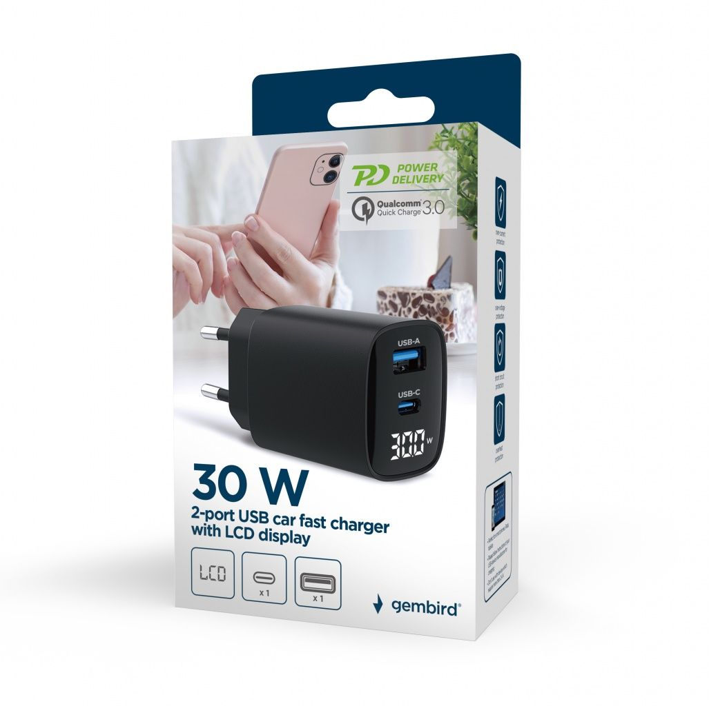 Zwarte 30W Gembird snellader met USB-A, USB-C poorten en LCD-display.