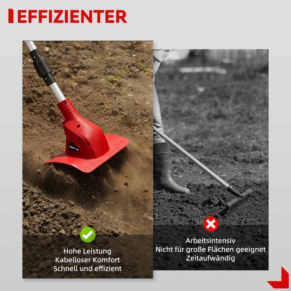 Roter Bodenfräse im Einsatz, daneben eine Person mit Harke. Effizient vs. arbeitsintensiv.