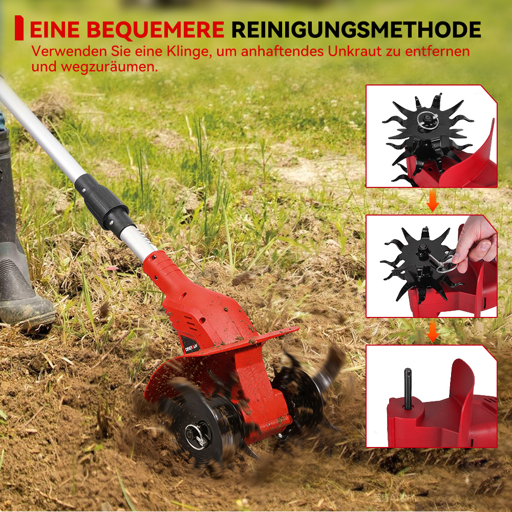 Ein roter Rasentrimmer mit rotierenden Klingen lockert den Boden auf.