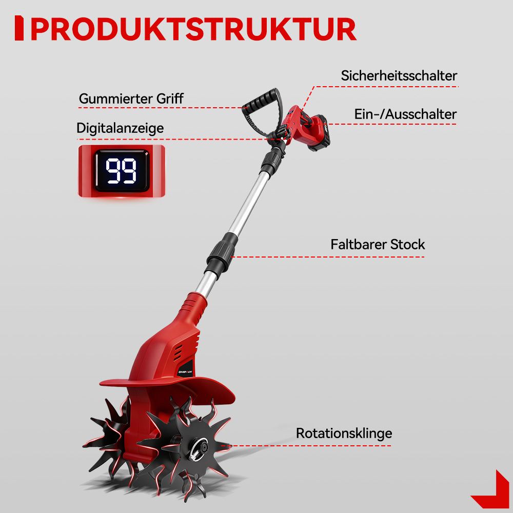 Roter Bodenschleifer mit ergonomischem Griff und Digitalanzeige.