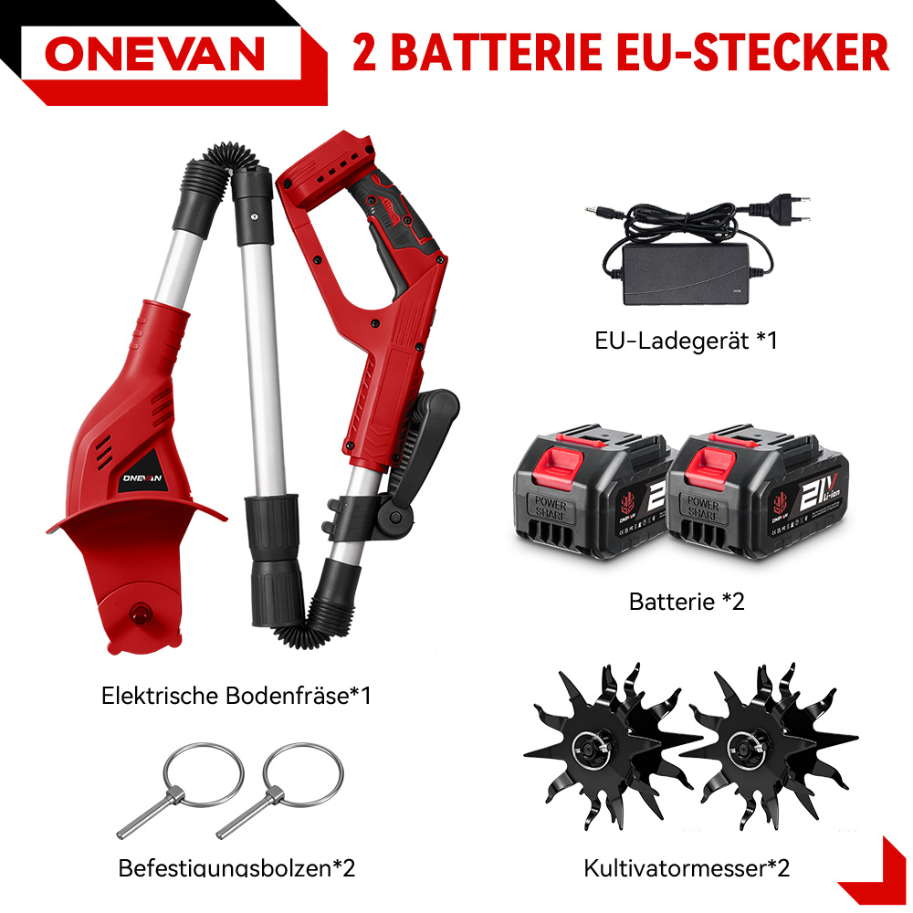 Rote elektrische Bodenfräse mit Zubehör: 2 Batterien, Ladegerät, 2 Bolzen, 2 Messer.