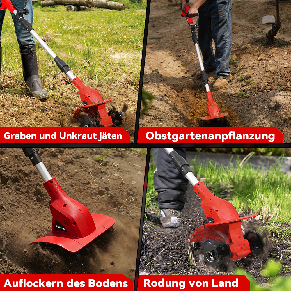 Vier Bilder zeigen einen roten Gartengerät bei der Arbeit.
